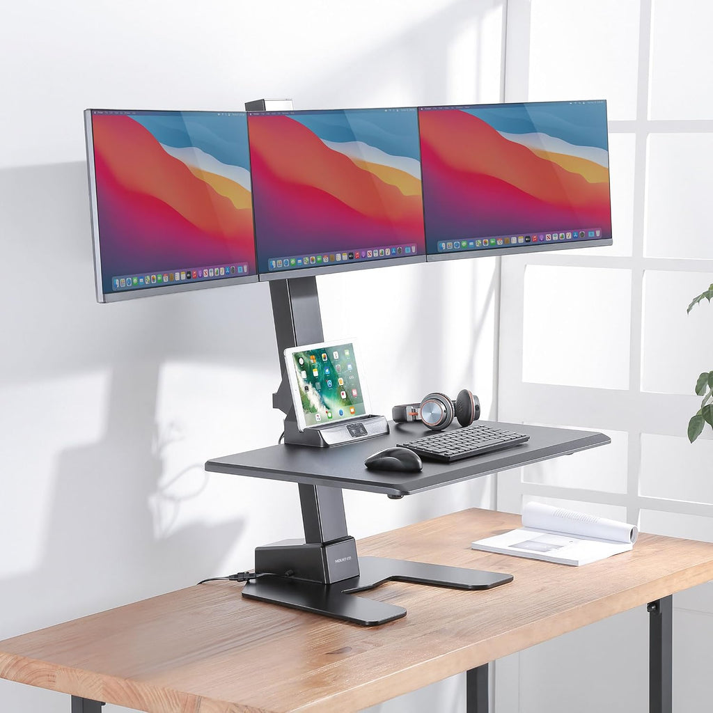 Mount-It! Triple Monitor Electric Standing Desk Converter - 3 Screens Stand Up Desk Riser - Height Adjustable Desktop & 3 Mounts for Screens up to 32', Sit-Stand Convertor for Home, Office, School
