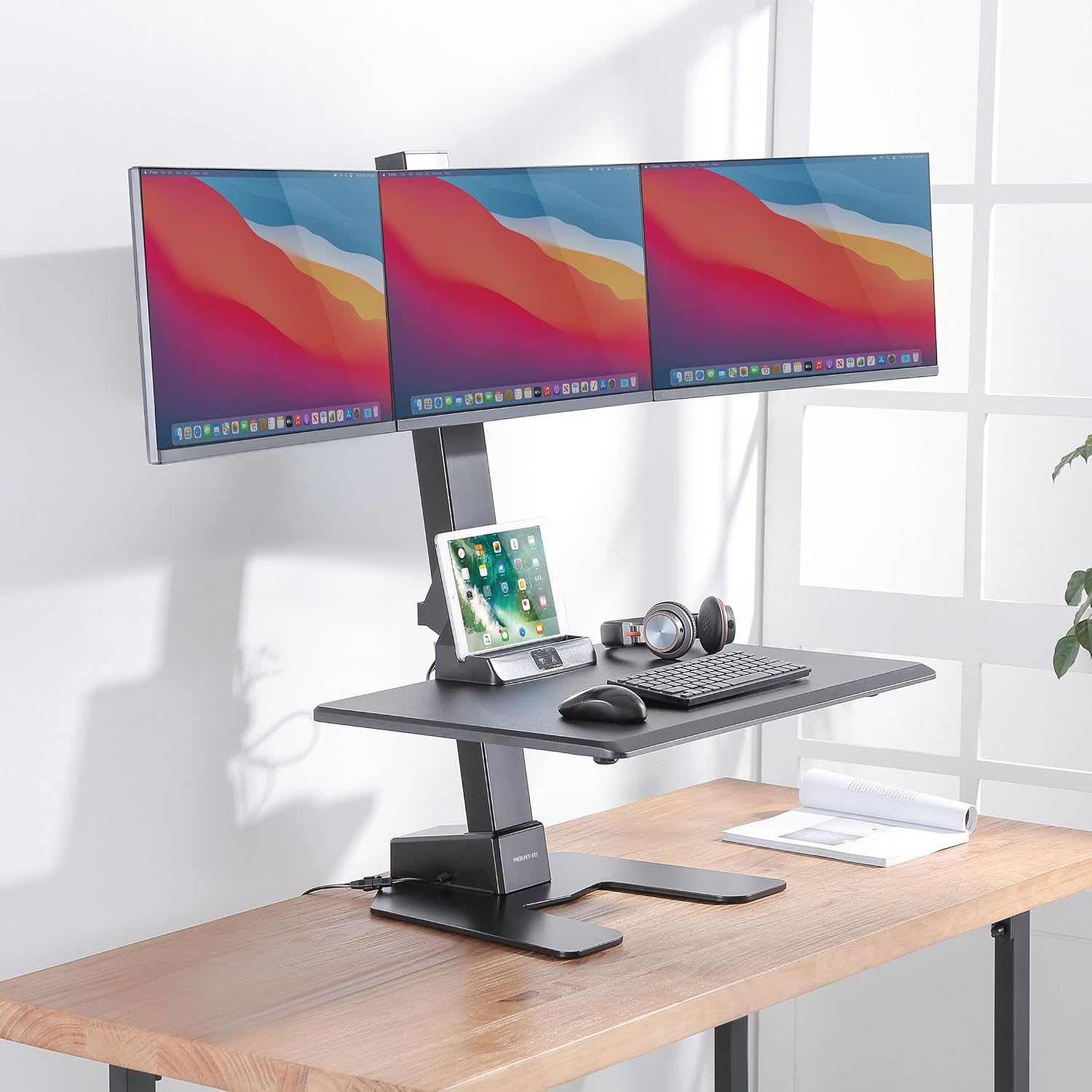 Mount-It! Triple Monitor Electric Standing Desk Converter - 3 Screens Stand Up Desk Riser - Height Adjustable Desktop & 3 Mounts for Screens up to 32', Sit-Stand Convertor for Home, Office, School