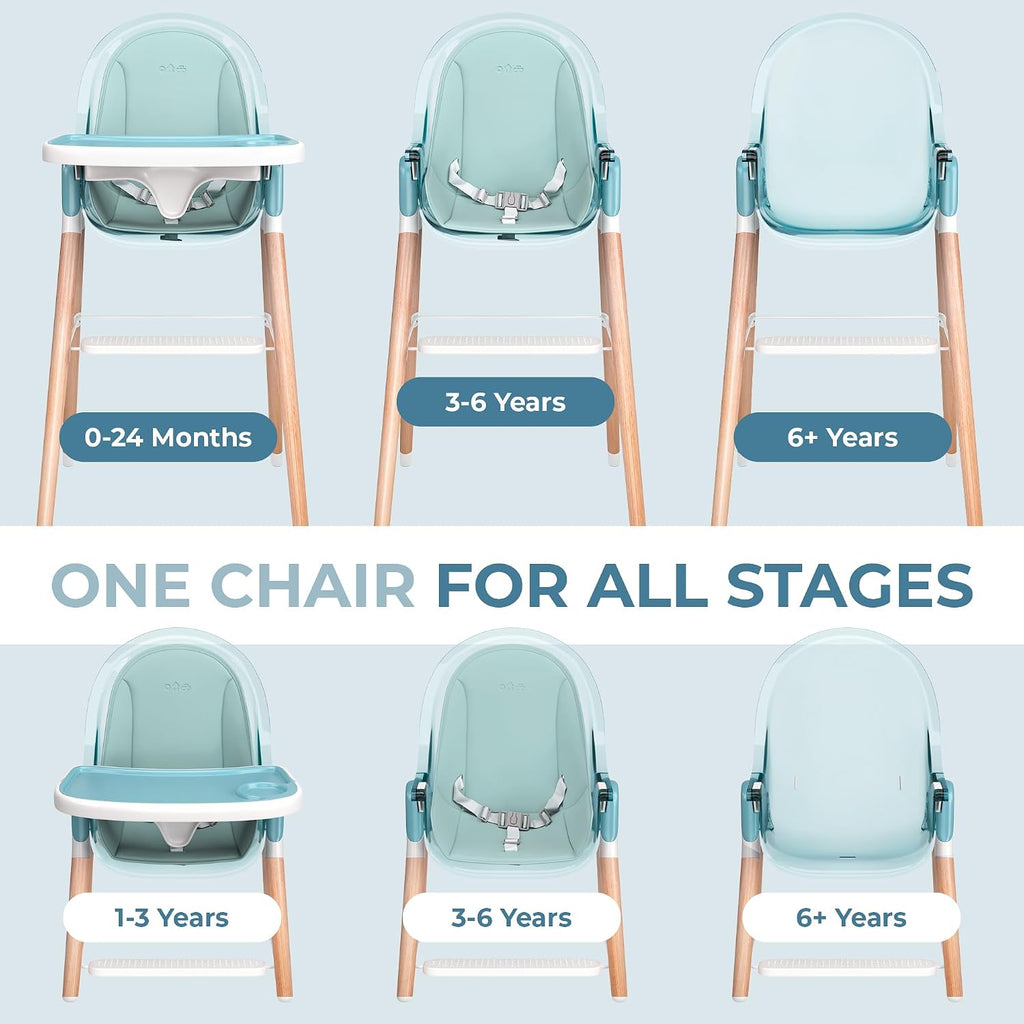6 in 1 Deluxe Wooden High Chair for Babies & Toddlers, Modern Safe & Compact Baby Highchair, Easy to Clean & Assemble Removable Tray & Cushion, 6 Options 3 Seat Positions 2 Heights