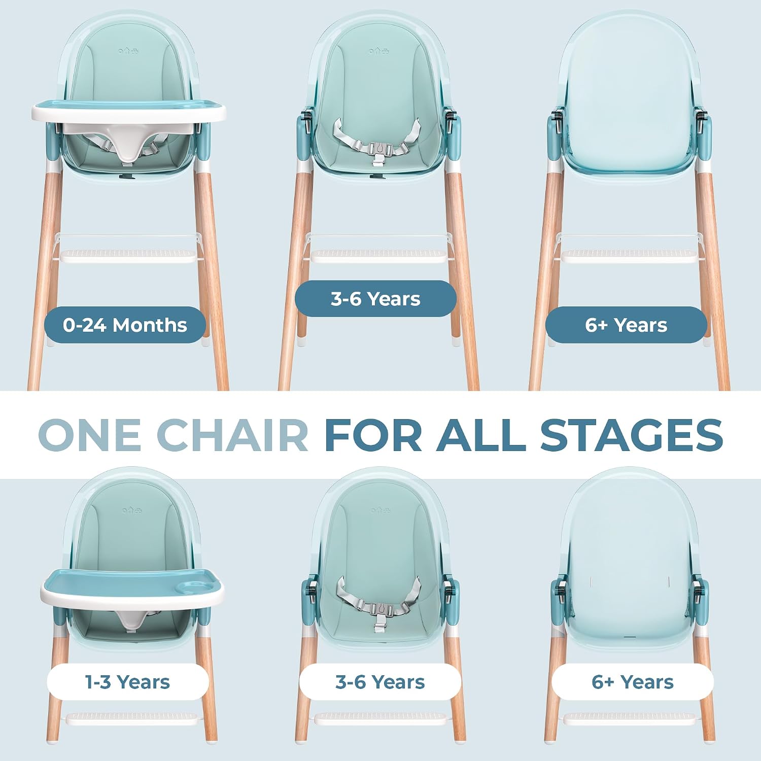 6 in 1 Deluxe Wooden High Chair for Babies & Toddlers, Modern Safe & Compact Baby Highchair, Easy to Clean & Assemble Removable Tray & Cushion, 6 Options 3 Seat Positions 2 Heights