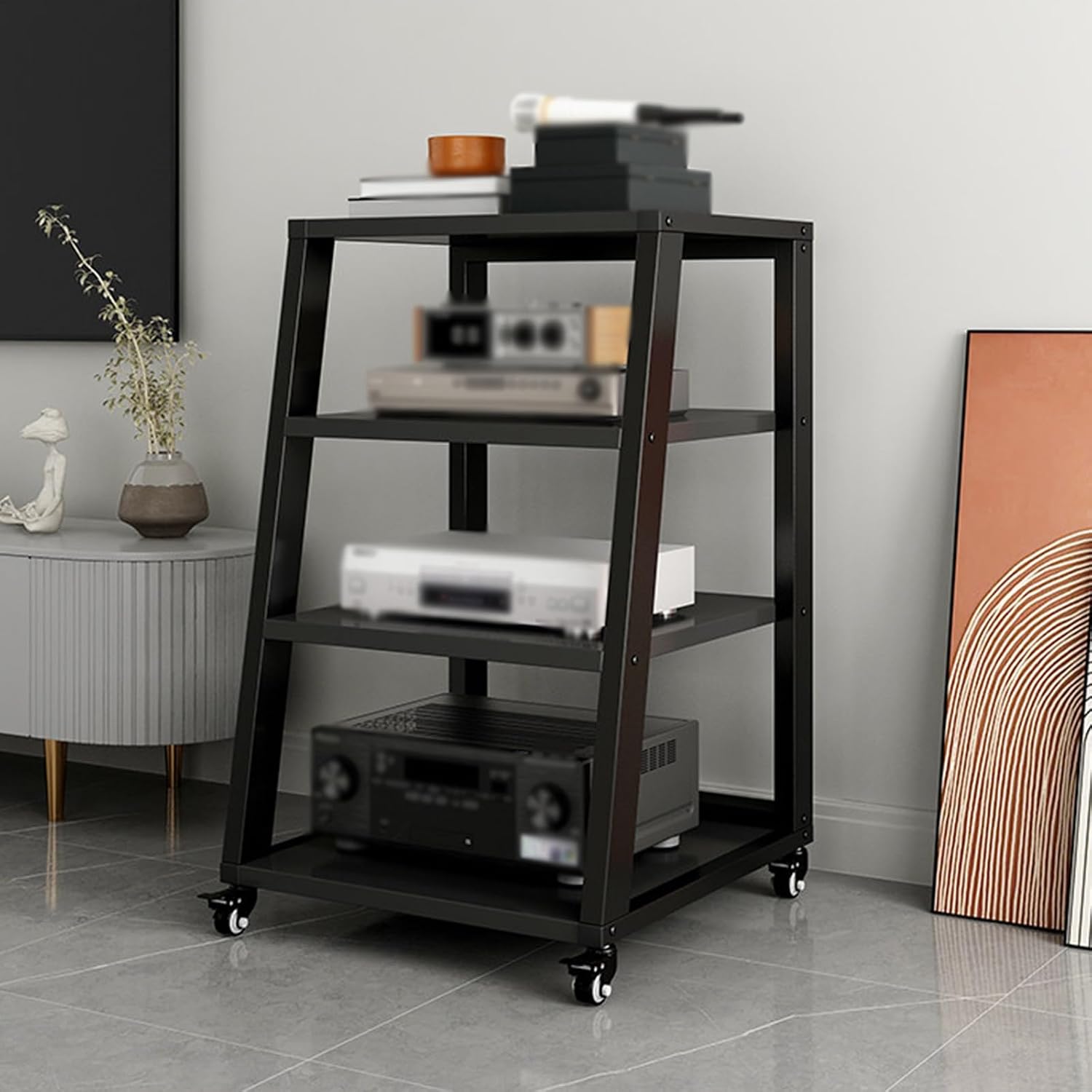 Heavy Duty Storage Rack with Casters, 2-5 Tier Utility Shelf, Adjustable Metal Stand for Home & Office, Hi-Fi Audio Equipment Organizer, Sturdy Rolling Cabinet