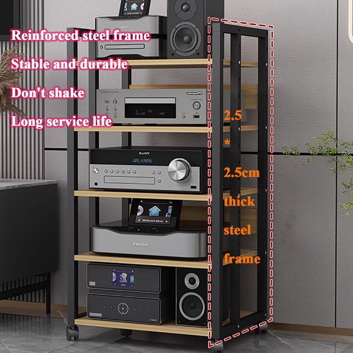 4 Tier Media Stand Component Storage Unit, Audio Video Equipment Rack, Wooden Stereo Receiver Shelf Record Player For Home Theater Club Office