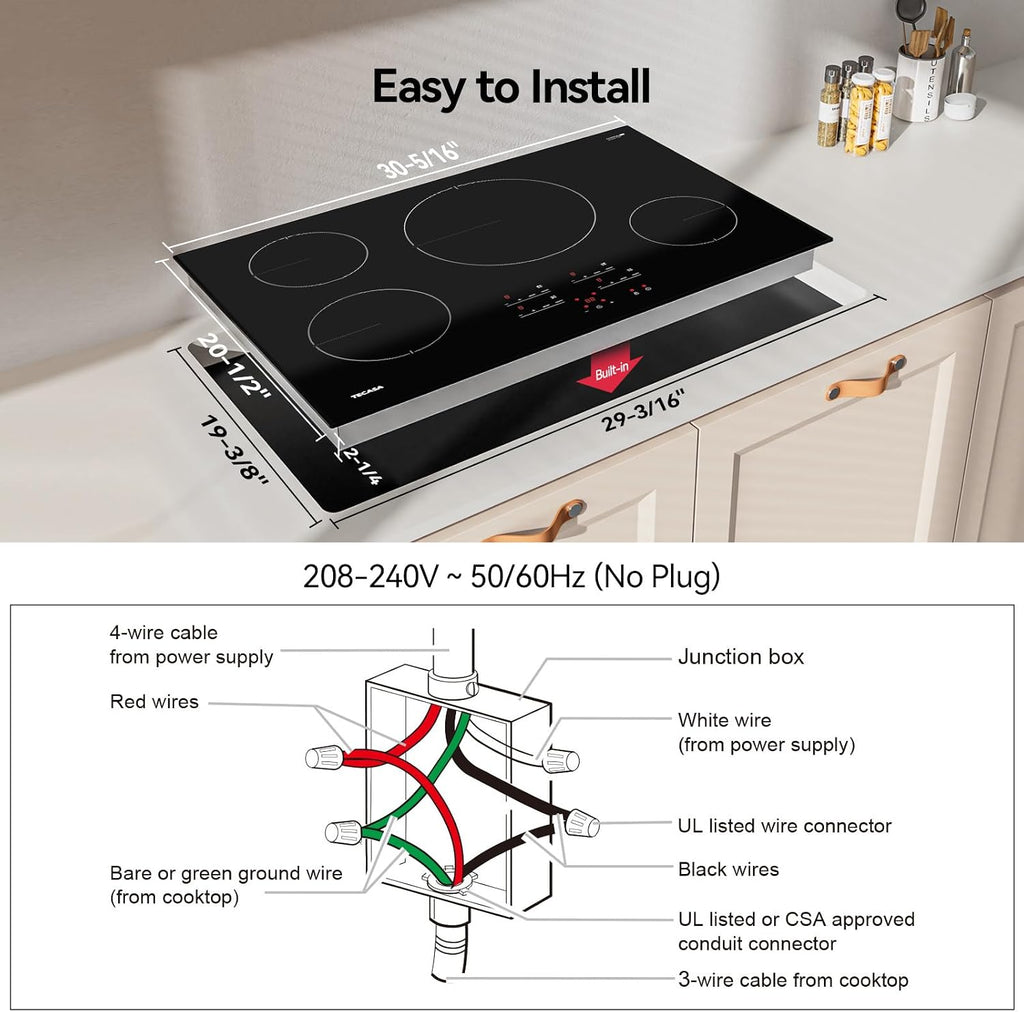 30 Inch Electric Cooktop, TECASA 7300W Radiant Electric Hob with 4 Burners, 240V Built-in Sensor Touch Control Stove Top with Child Safety Lock & Timer, 9 Heating Levels, Hard Wire (No Plug)