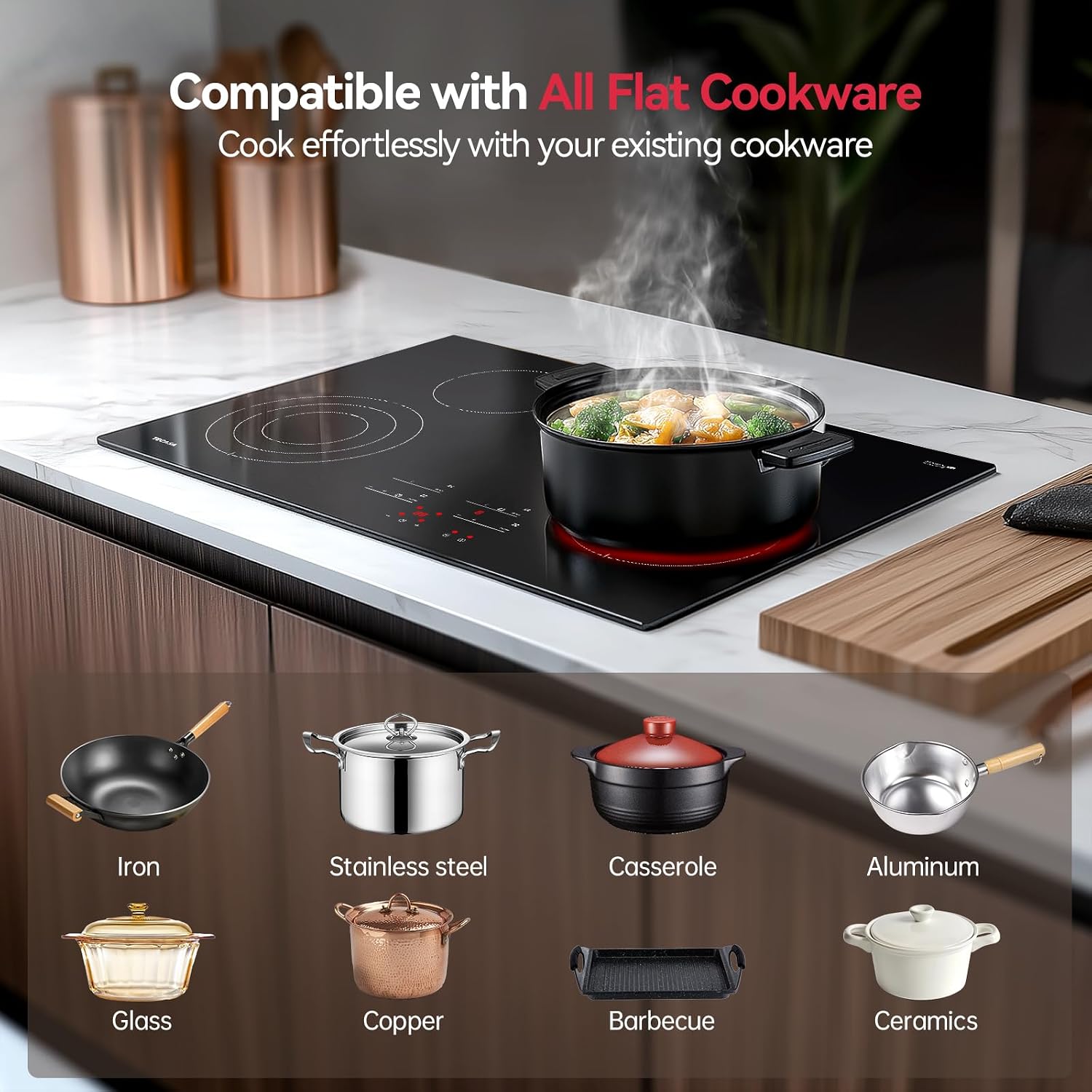 30 Inch Electric Cooktop, TECASA 7300W Radiant Electric Hob with 4 Burners, 240V Built-in Sensor Touch Control Stove Top with Child Safety Lock & Timer, 9 Heating Levels, Hard Wire (No Plug)