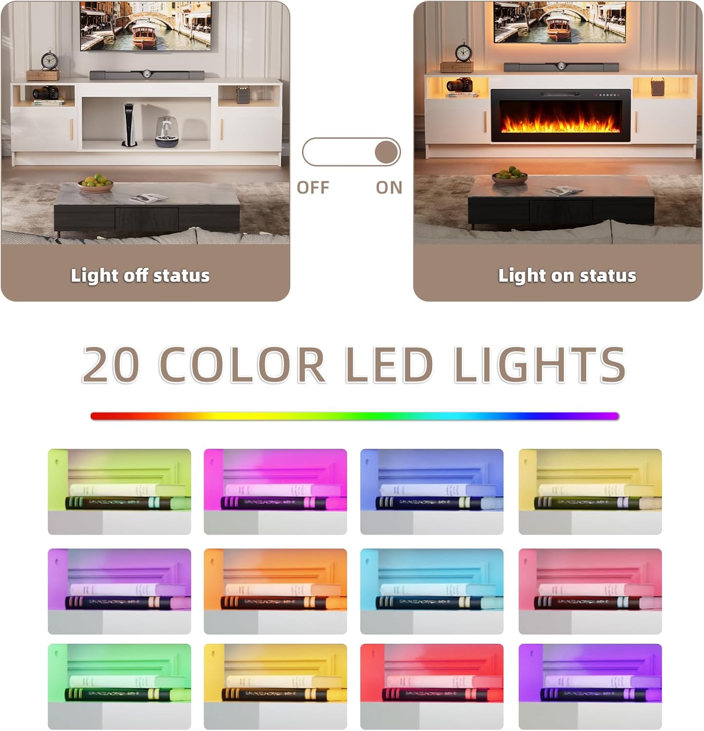 EAG 70 Inche Fireplace TV Stand for TVs up to 80 Inches with 36' Electric Fireplace, Modern Entertainment Center with Glass Shelves, LED Lights, Media TV Console for Living Room, White