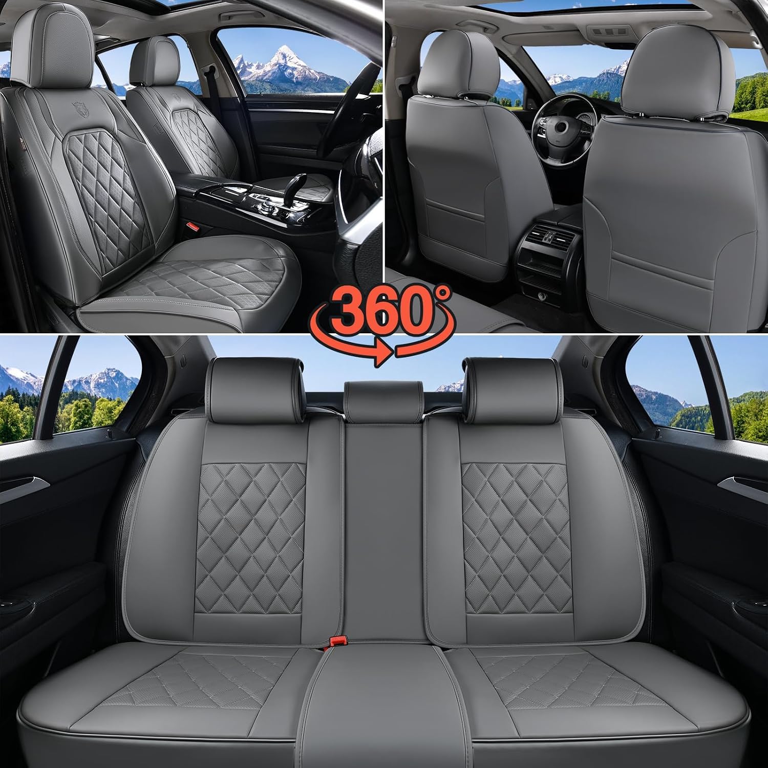 Coverado Car Seat Covers Full Set, Luxury Faux Leather Seat Covers for Cars, Waterproof Car Seat Protector, Gray Car Seat Cover, Universal Automotive Seat Covers Fit for Most Sedan SUV Trucks