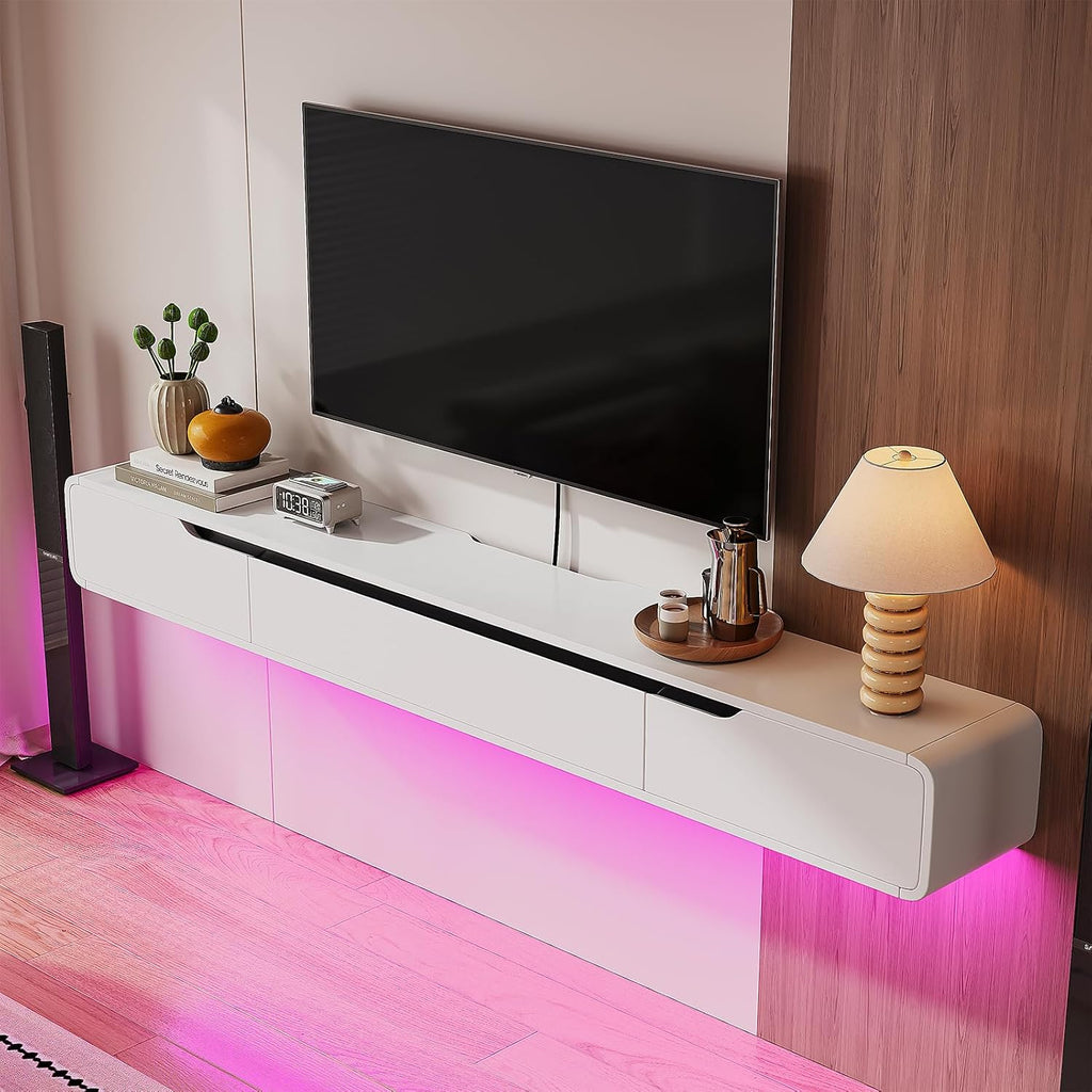 Fully-Assembled Floating TV Stand, 47IN High Gloss Wall Mounted Entertainment Center, Modern Media Console with Storage, Under TV Shelf for Bedroom Living Room White