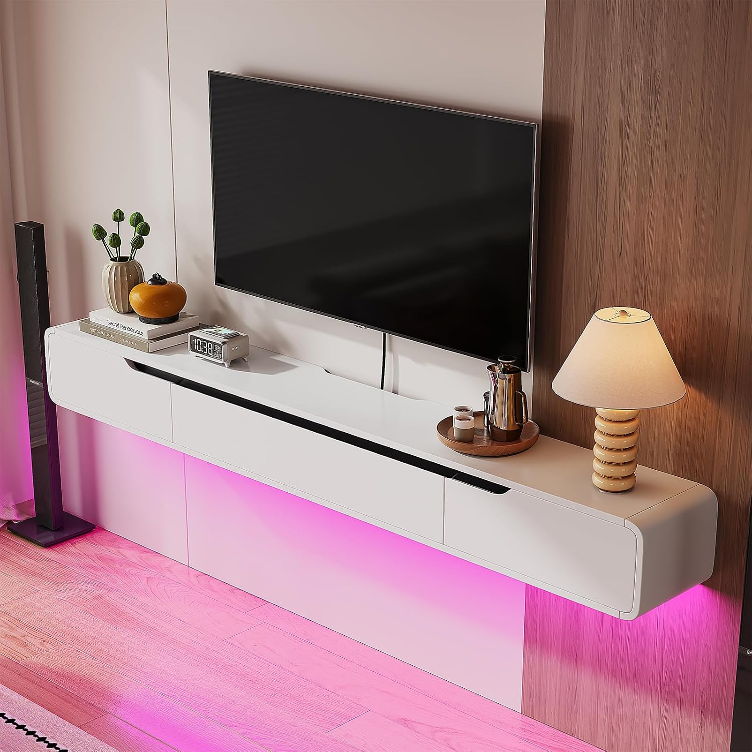 Fully-Assembled Floating TV Stand, 47IN High Gloss Wall Mounted Entertainment Center, Modern Media Console with Storage, Under TV Shelf for Bedroom Living Room White