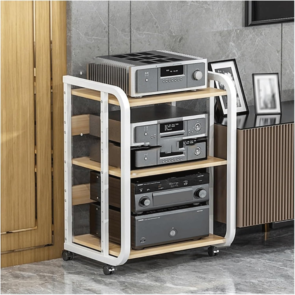 Audio Rack Steel Stereo Rack Audio Equipment Rack Audio Stereo Shelf Wooden Open Adjustable Audio-Video Shelving with Wheels Durable(Wei�,3 Tier)
