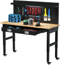 Betterhood 60' Heavy Duty Adjustable Workbench with Large Pegboard & LED Light, Adjustable Work Table with Power Outlets & Lockable Wheels, Rubber Wood Workstation for Garage, Workshop, Office, Home