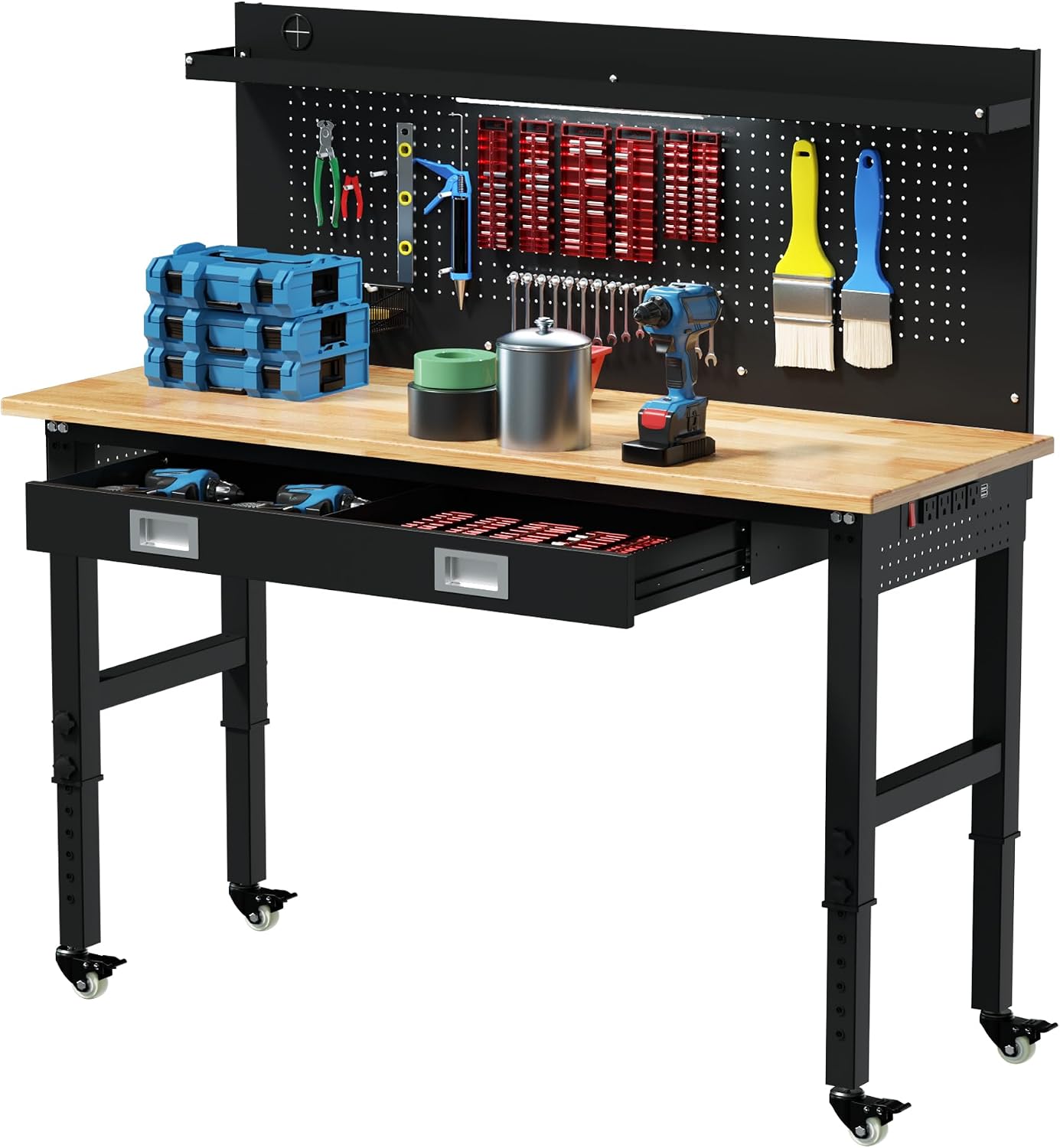 Betterhood 60' Heavy Duty Adjustable Workbench with Large Pegboard & LED Light, Adjustable Work Table with Power Outlets & Lockable Wheels, Rubber Wood Workstation for Garage, Workshop, Office, Home