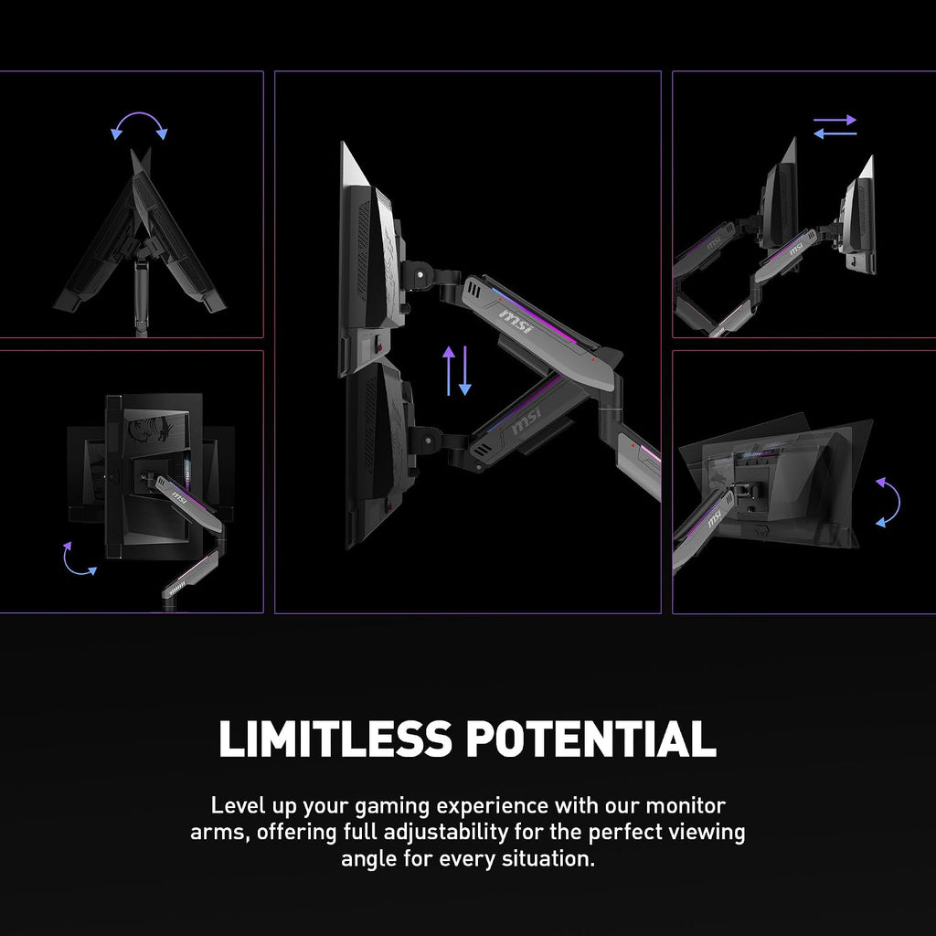 MSI MPG MT201R - Premium RGB Single Monitor Stand Arm, Supports 17-49' Screens and 44 lbs, VESA Compatible, Adjustable Heavy Duty Gas Spring Mount, Clamp & Grommet, Quick Release Plate - Gray