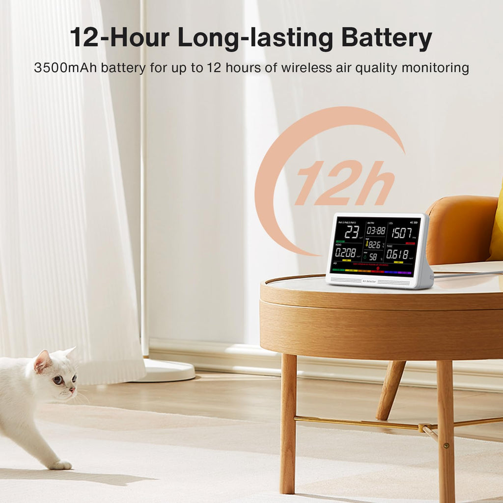 Upgrade Extended 12-Hour Battery Life 16 in 1 Air Quality Monitor Indoor with 7' Display, Professional Air Quality Meter for CO2, TVOC, PM2.5, PM1.0, PM10, HCHO, Temperature, Humidity, AQI & Time
