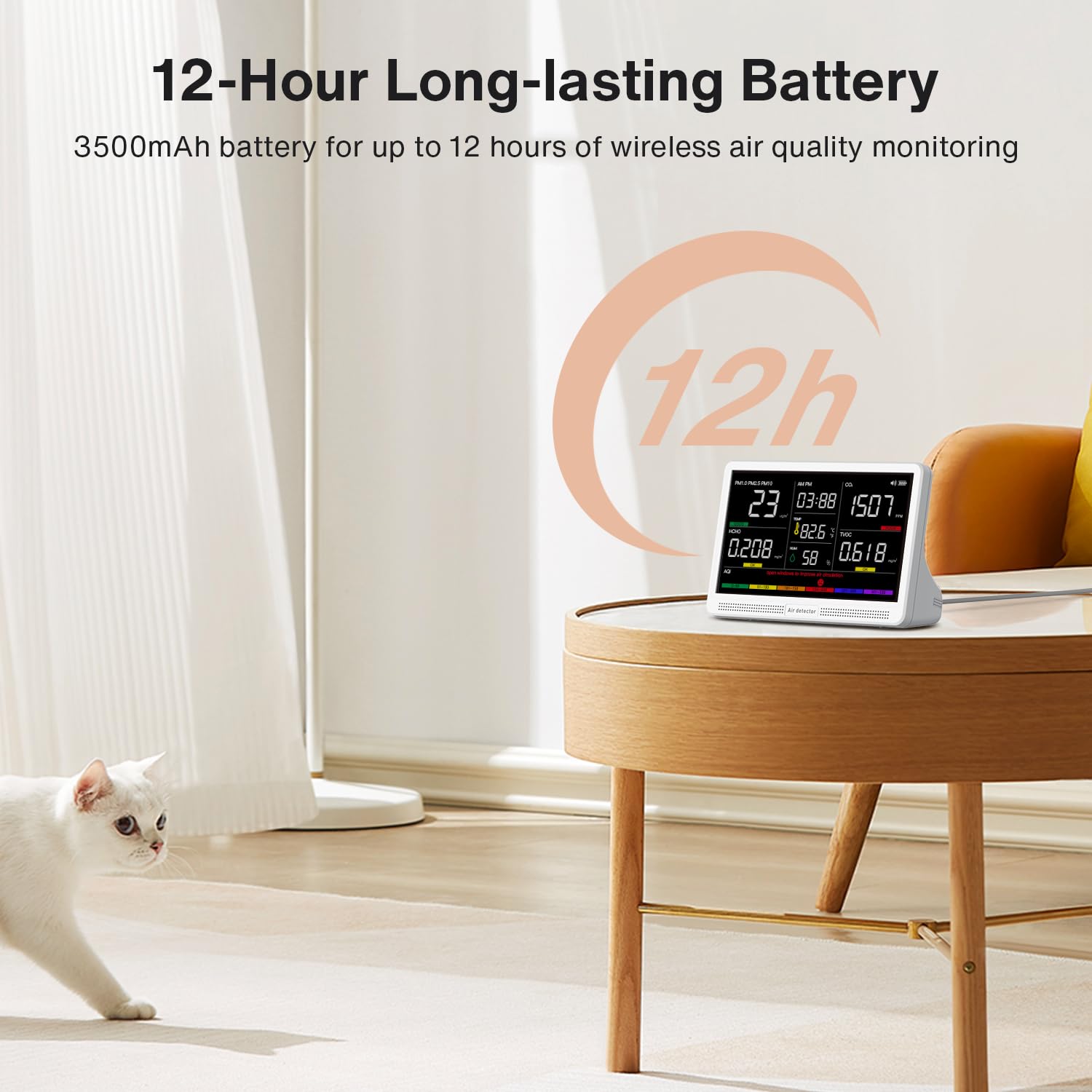 Upgrade Extended 12-Hour Battery Life 16 in 1 Air Quality Monitor Indoor with 7' Display, Professional Air Quality Meter for CO2, TVOC, PM2.5, PM1.0, PM10, HCHO, Temperature, Humidity, AQI & Time