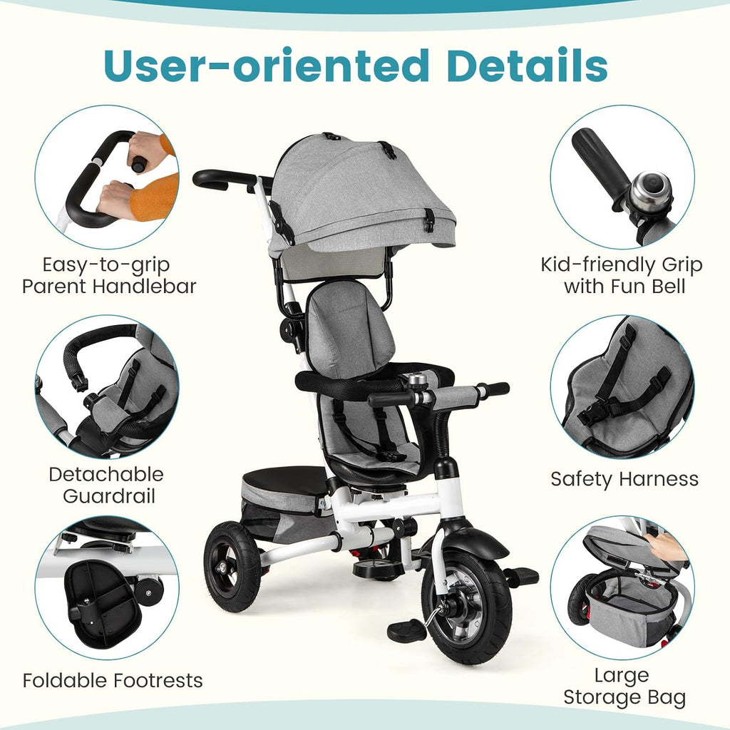 HONEY JOY Tricycle, 5-in-1 Folding Baby Trike Stroller w/Adjustable Handle & Canopy, Reversible Seat, Safety Belt, Folding Pedal, Bell, Storage, Push Tricycle for Toddlers 1-5 Years Old (Gray)
