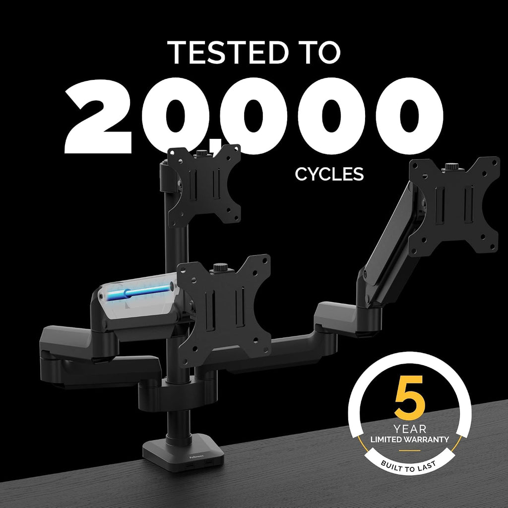 Fellowes Platinum Series Triple Monitor Arm for 27-Inch Monitors, Full Motion, 360° Rotation, VESA Mount with Grommet or Clamp, USB Ports, Ergonomic, Black, 8042601