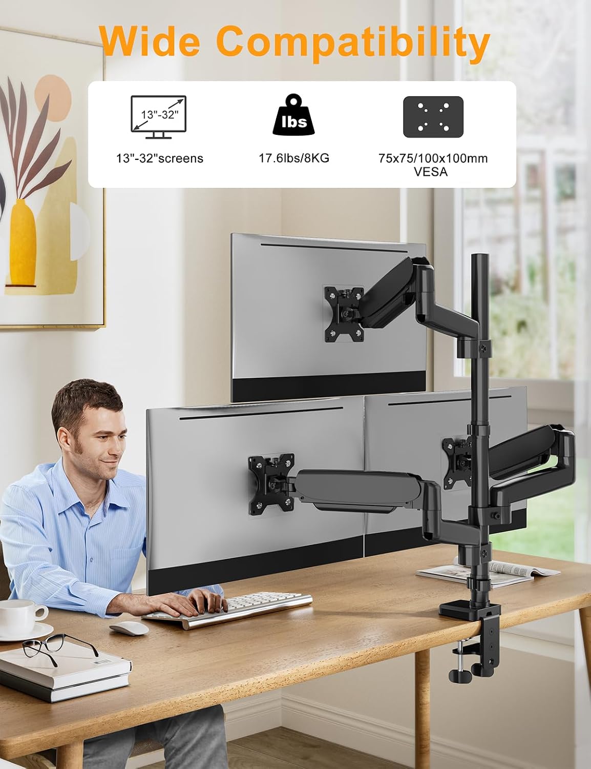 Triple Monitor Mount for 13-32 Inch Screens, Gas Spring Adjustment Triple Monitor Stand Holds 17.6lbs per Arm, Tilt, Swivel, Rotation with Clamp & Grommet Kit, Max VESA 100x100mm FORGIGN Mount