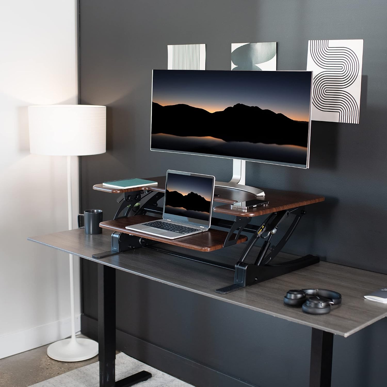 VIVO 36 inch Height Adjustable Stand Up Desk Converter, V Series, Quick Sit to Stand Tabletop Dual Monitor Riser Workstation, Dark Walnut Top, Black Frame, DESK-V000VD