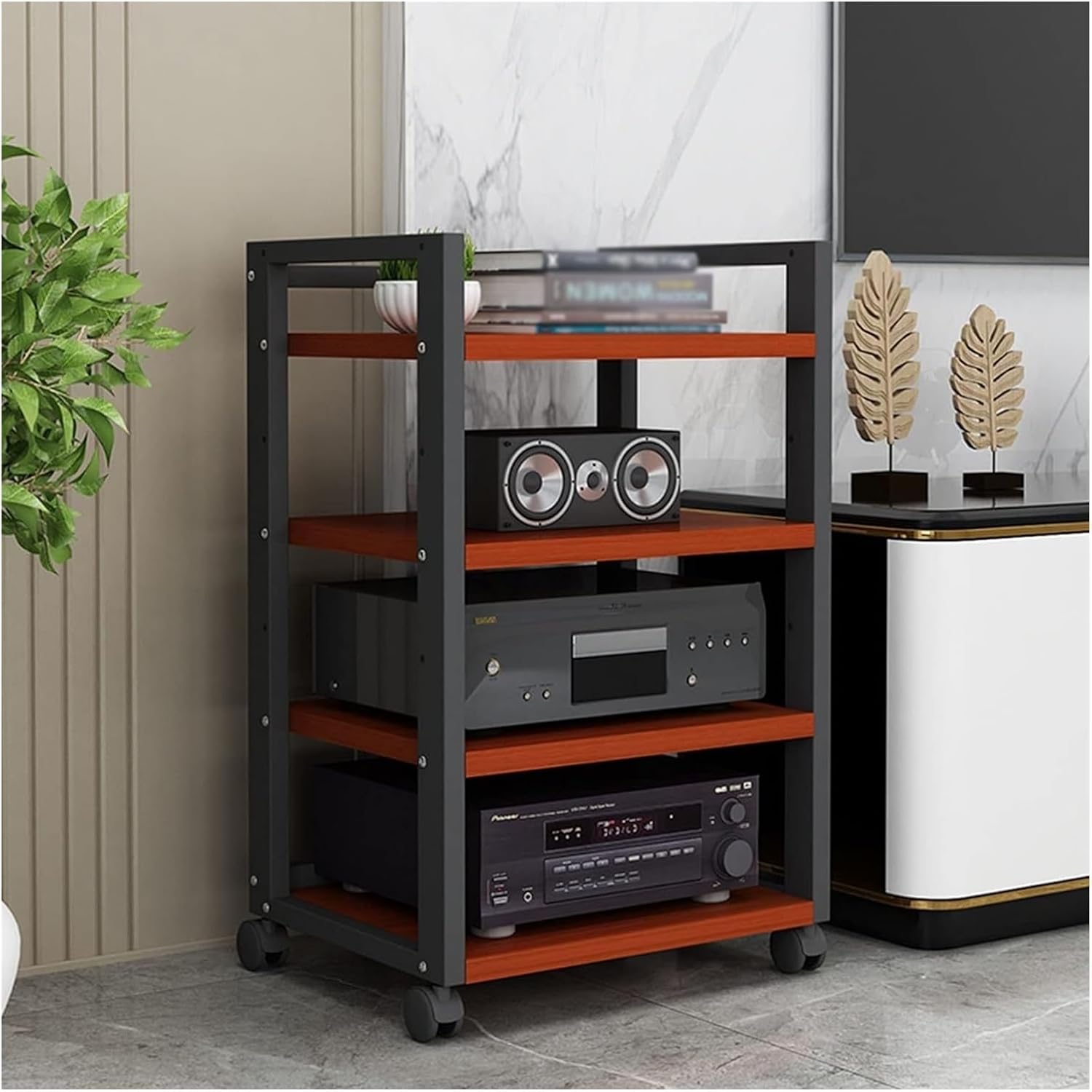 Audio Component Rack Media Stereo Stand Equipment Shelf 3 4 5 Tier, Free Standing Heavy Duty Media Storage Stands on Wheels, Commercial Home（Black-#3-4 layer）