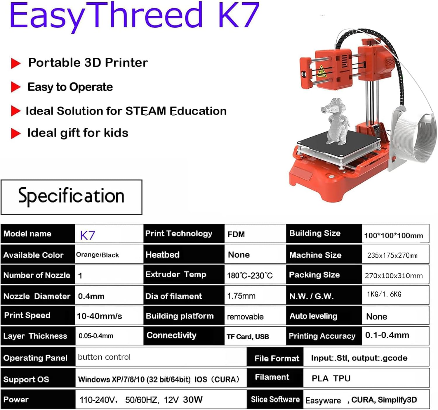 K7 3D Printer, Desktop Mini 3D Printer, Not Leveling Required Printer for Beginners, Kids, Student Education, 100 * 100 * 100 mm Print Size, One Keys Printing Black