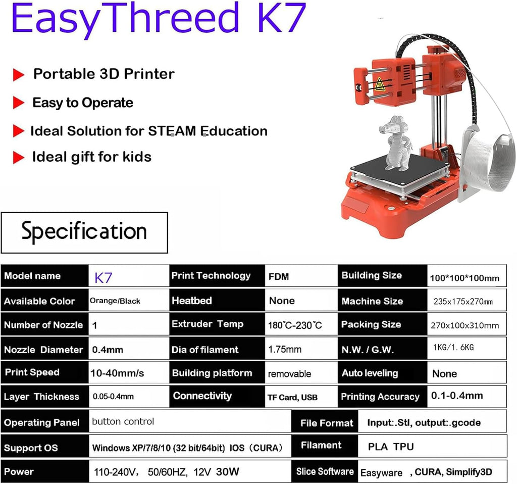 3D Printer Mini Desktop Printing Machine for Kids 100x100x100mm Printing Size Removable Platform One-Touch Printing with TF Card Sample Filament Orange
