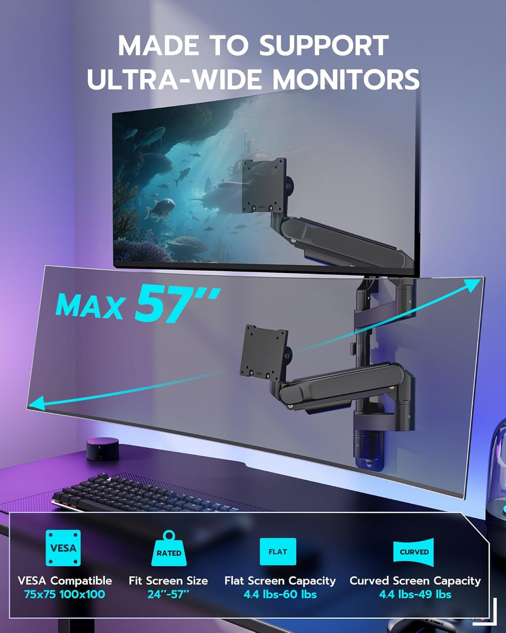 ARES WING Dual Monitor Wall Mount for 24-57 Inch Ultrawide Screens, Premium Heavy Duty Monitor Arm Holds 60 lbs, Full Motion Gas Spring, Bearing Head for Easy Adjustment, 75/100 VESA Mount, Black