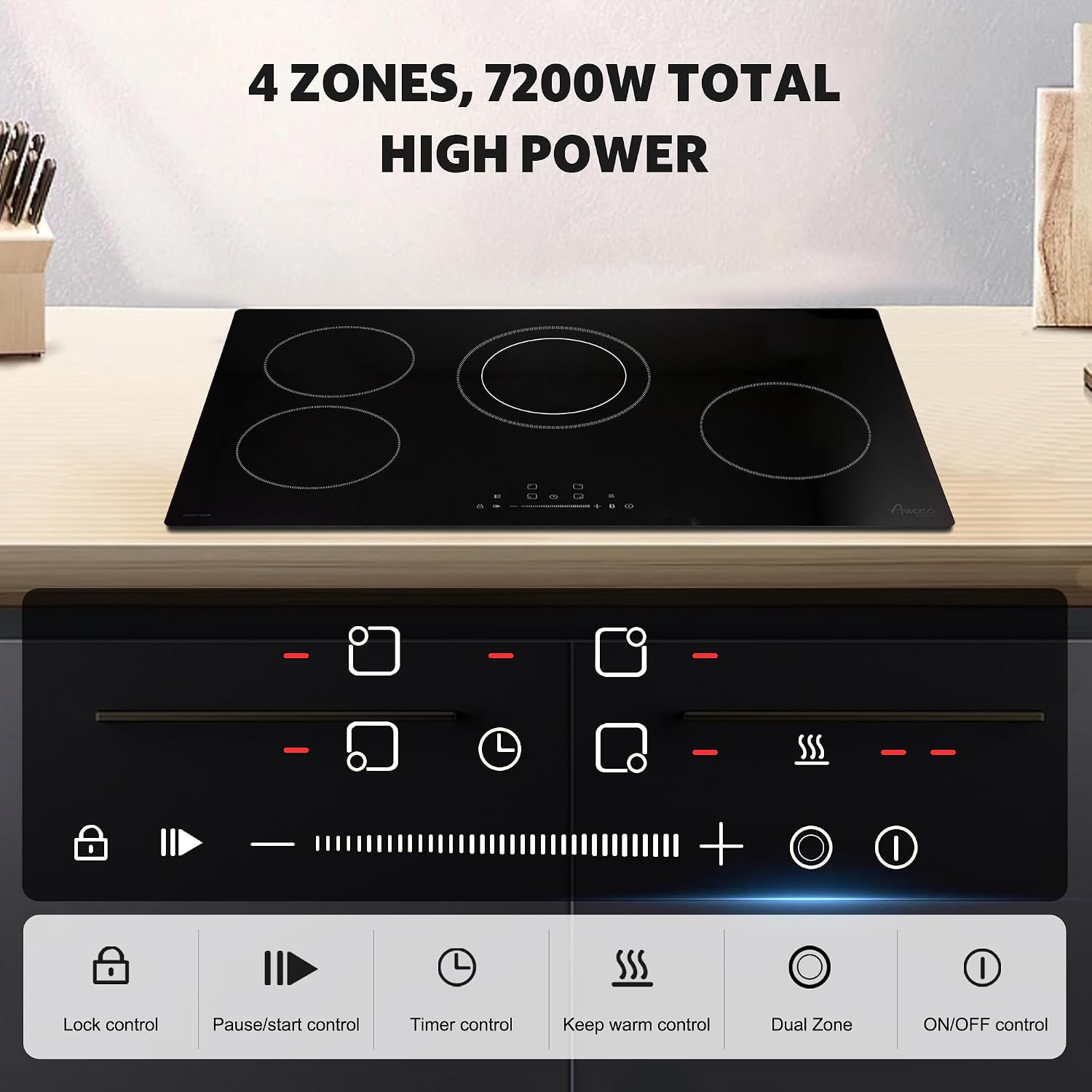 Awoco 30-Inch Ceramic Cooktop, 6600W Electric Stove with 4 Burners with hard wire, 9 Power Levels Digital Timer Child Lock, Residual Heat Indicator, Automatic Shut-Off Easy Clean Touch Panel, 220-240V