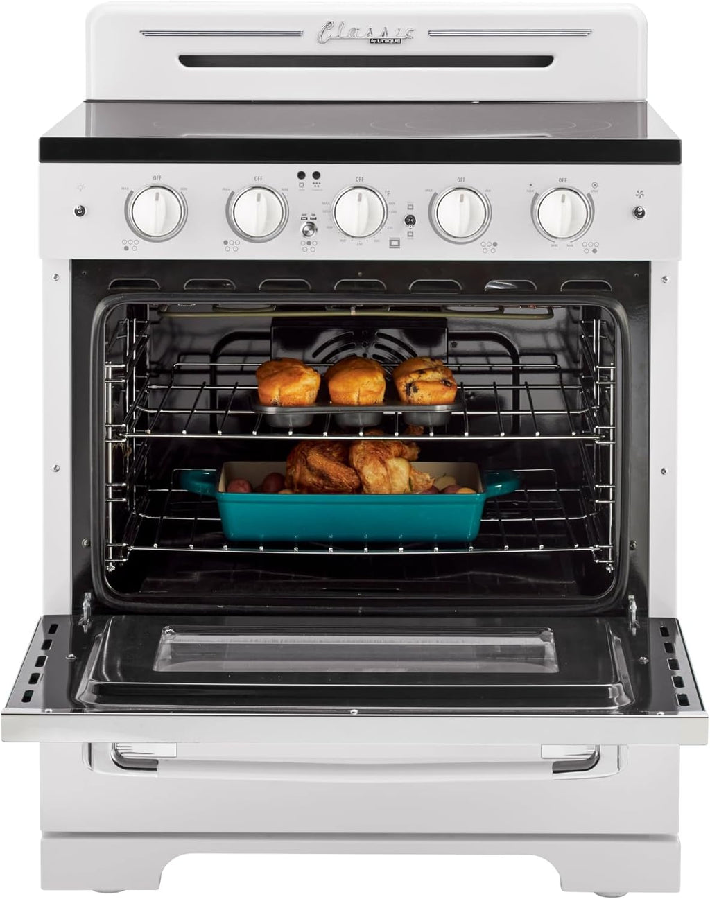 Unique Appliances Classic Retro Radiant Electric Range, Freestanding Electric Range with 5-Element Glass Cooktop, Convection Oven, and Oven Light, 30', Marshmallow White