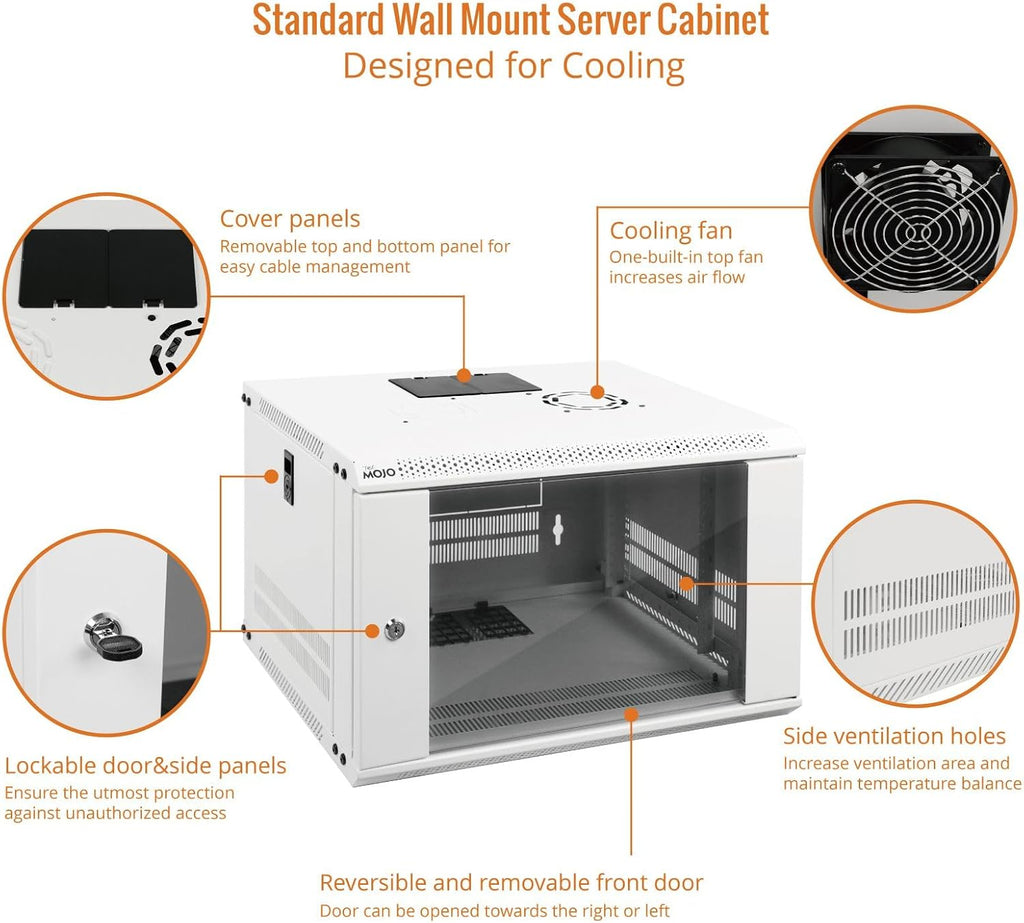 Tecmojo 6U Wall Mount Rack Network Cabinet for 19' IT Equipment,with Lockable Glass Door and Side Panels,Cooling Fan,17.7inch Depth,White