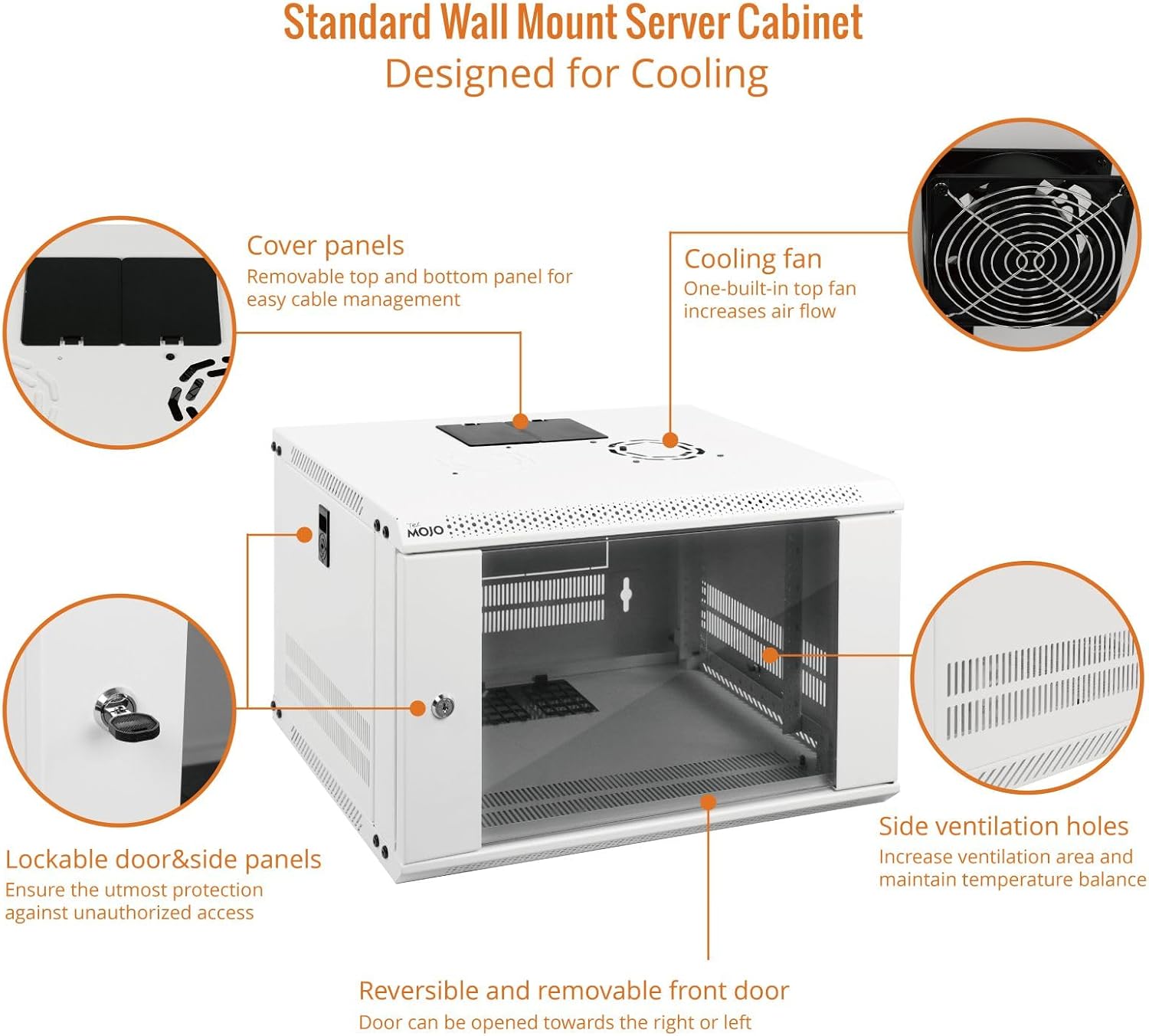 Tecmojo 6U Wall Mount Rack Network Cabinet for 19' IT Equipment,with Lockable Glass Door and Side Panels,Cooling Fan,17.7inch Depth,White