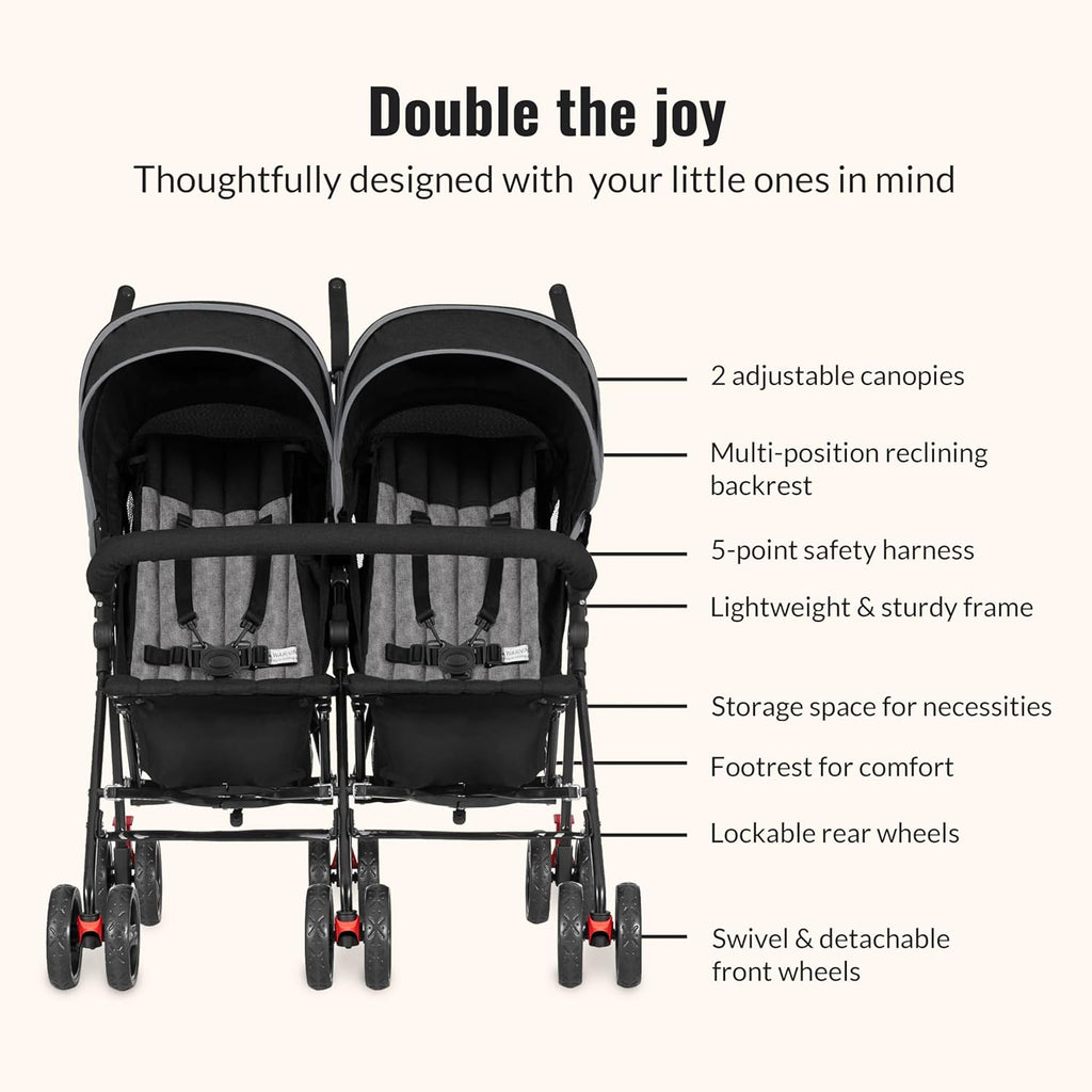 Dream On Me Volgo Twin Baby Stroller, Lightweight Side-by-Side Double Umbrella Stroller with Adjustable Canopy, 5-Point Harness, Storage Basket & Travel-Friendly Fold – Black