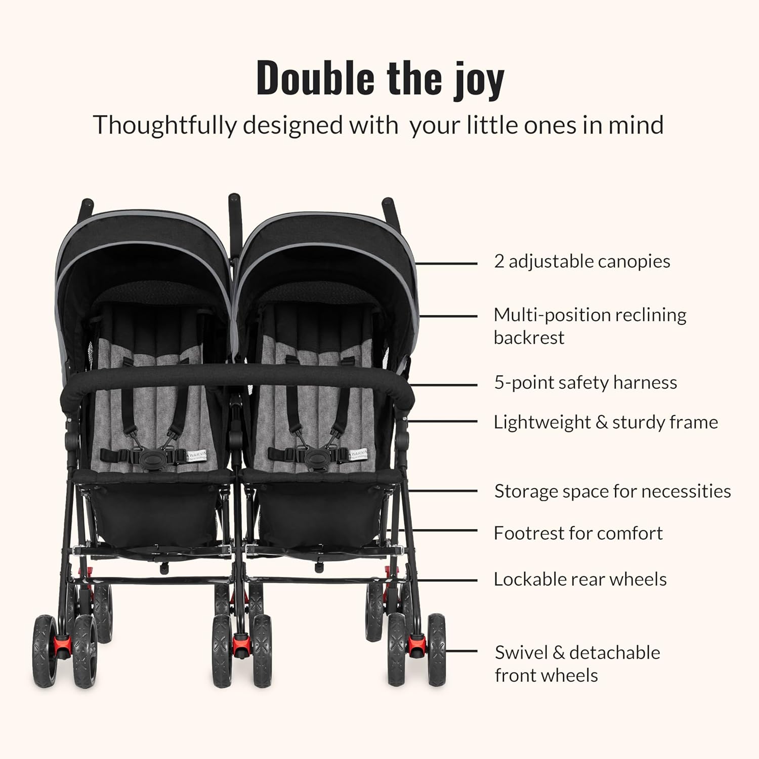 Dream On Me Volgo Twin Baby Stroller, Lightweight Side-by-Side Double Umbrella Stroller with Adjustable Canopy, 5-Point Harness, Storage Basket & Travel-Friendly Fold – Black