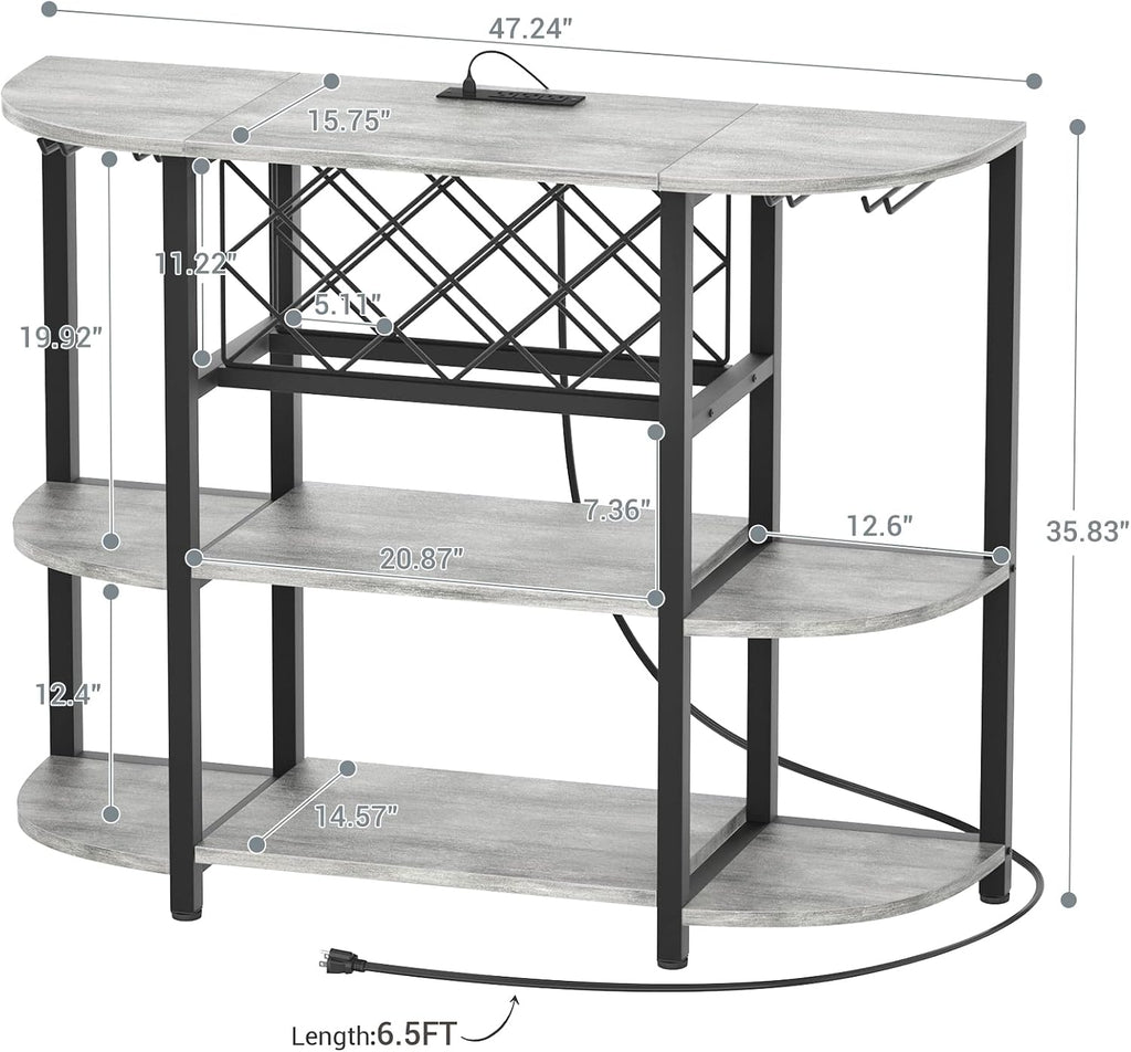 Unikito 4-Tier Metal Coffee Bar Cabinet with Outlet and LED Light, Freestanding Floor Table for Liquor Glass Holder Wine Rack Storage, Bakers Kitchen Dining Room, White Oak