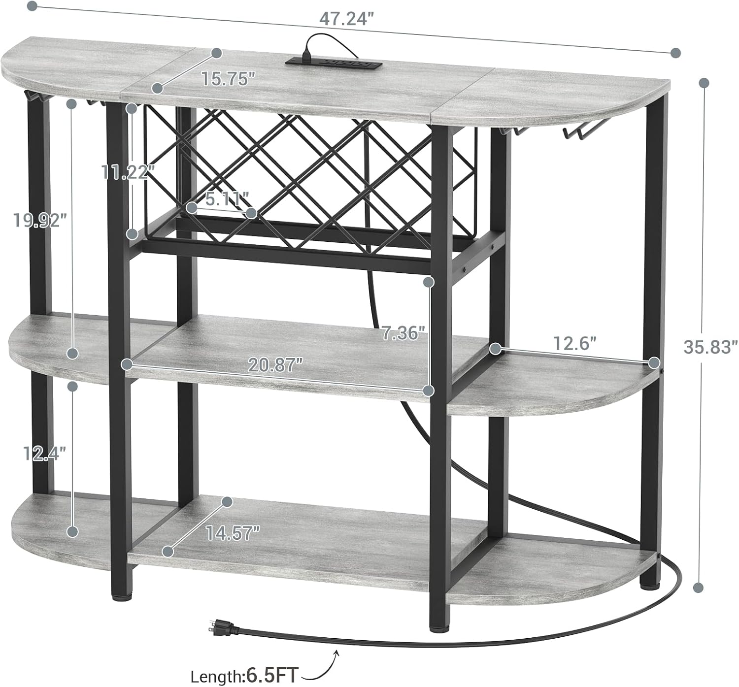 Unikito 4-Tier Metal Coffee Bar Cabinet with Outlet and LED Light, Freestanding Floor Table for Liquor Glass Holder Wine Rack Storage, Bakers Kitchen Dining Room, White Oak