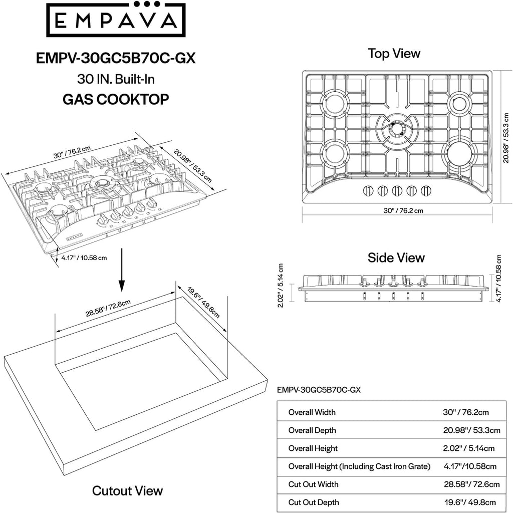 Empava Cooktop Gas 30 Inch, 5 Made in Italy SABAF Stove Burner, LPG/NG Dual Fuel Convertible, Stainless Steel, Ideal for Kitchens and RVs