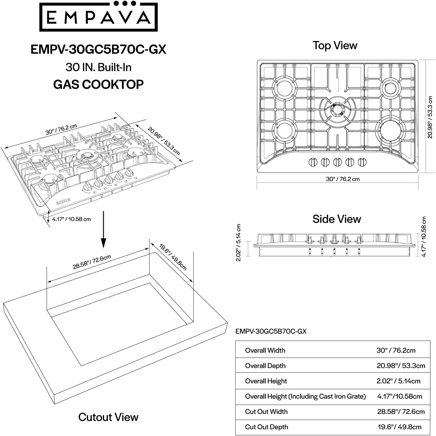Empava Cooktop Gas 30 Inch, 5 Made in Italy SABAF Stove Burner, LPG/NG Dual Fuel Convertible, Stainless Steel, Ideal for Kitchens and RVs