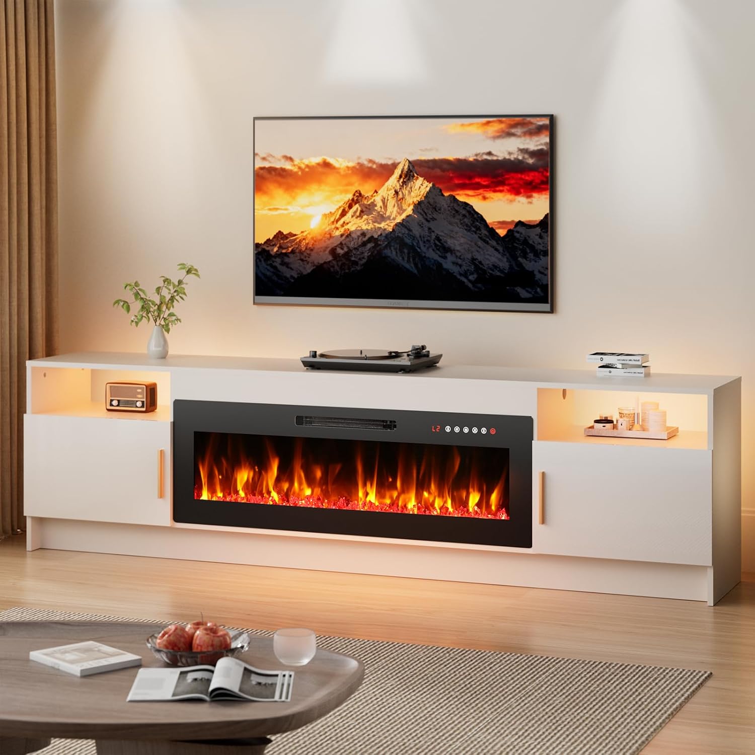 EAG 80' Electric Fireplace TV Stand with 42 inch Fireplace Up to 90' TVs, Entertainment Center with with Storage Cabinet & LED Lights, Modern Media Console for Living Room, White
