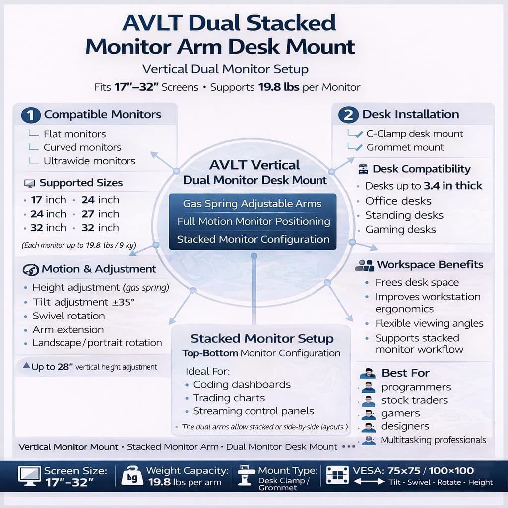 AVLT Dual 17'-32' Stacked Monitor Arm Desk Mount for 2 Flat or Curved Screens, Full Motion Height Adjustable with Swivel, Tilt, Rotation, Extra Tall, VESA, C-Clamp or Grommet Base