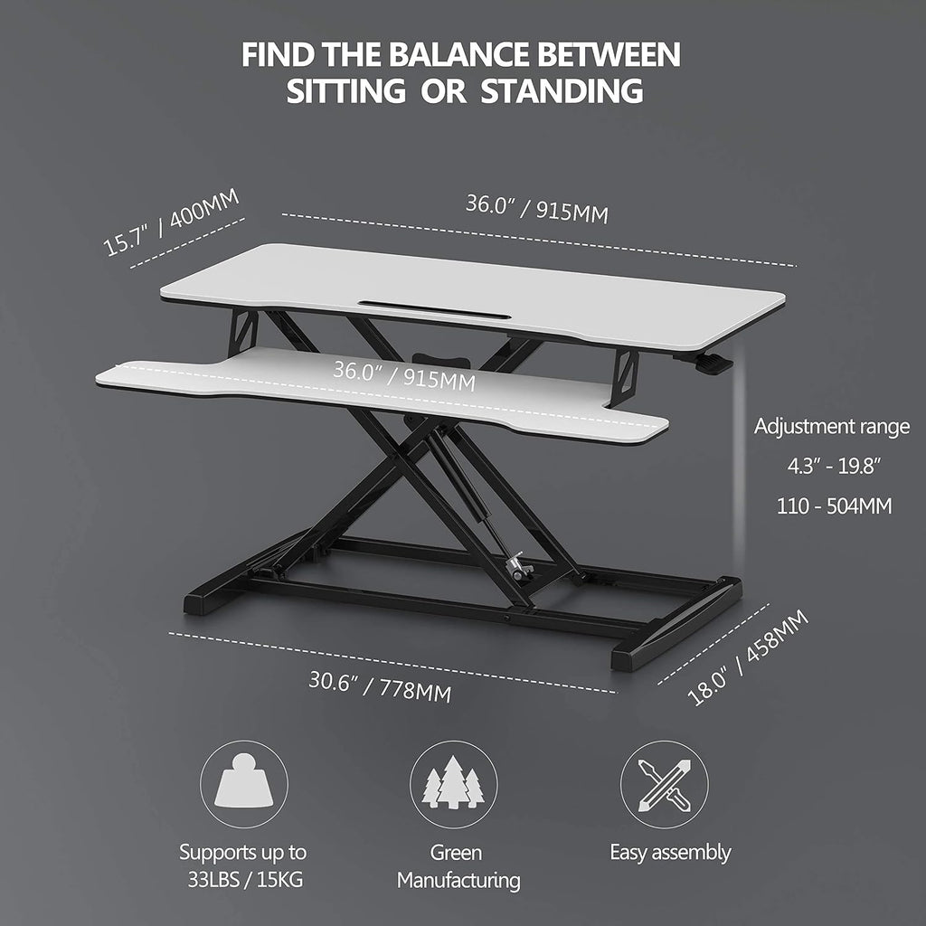 FITUEYES Height Adjustable Standing Desk 36' Wide Sit to Stand Converter Stand Up Desk Tabletop Workstation for Laptops Dual Monitor Riser White SD309103WW