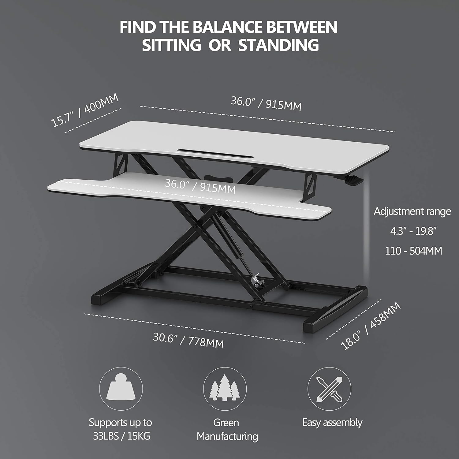FITUEYES Height Adjustable Standing Desk 36' Wide Sit to Stand Converter Stand Up Desk Tabletop Workstation for Laptops Dual Monitor Riser White SD309103WW