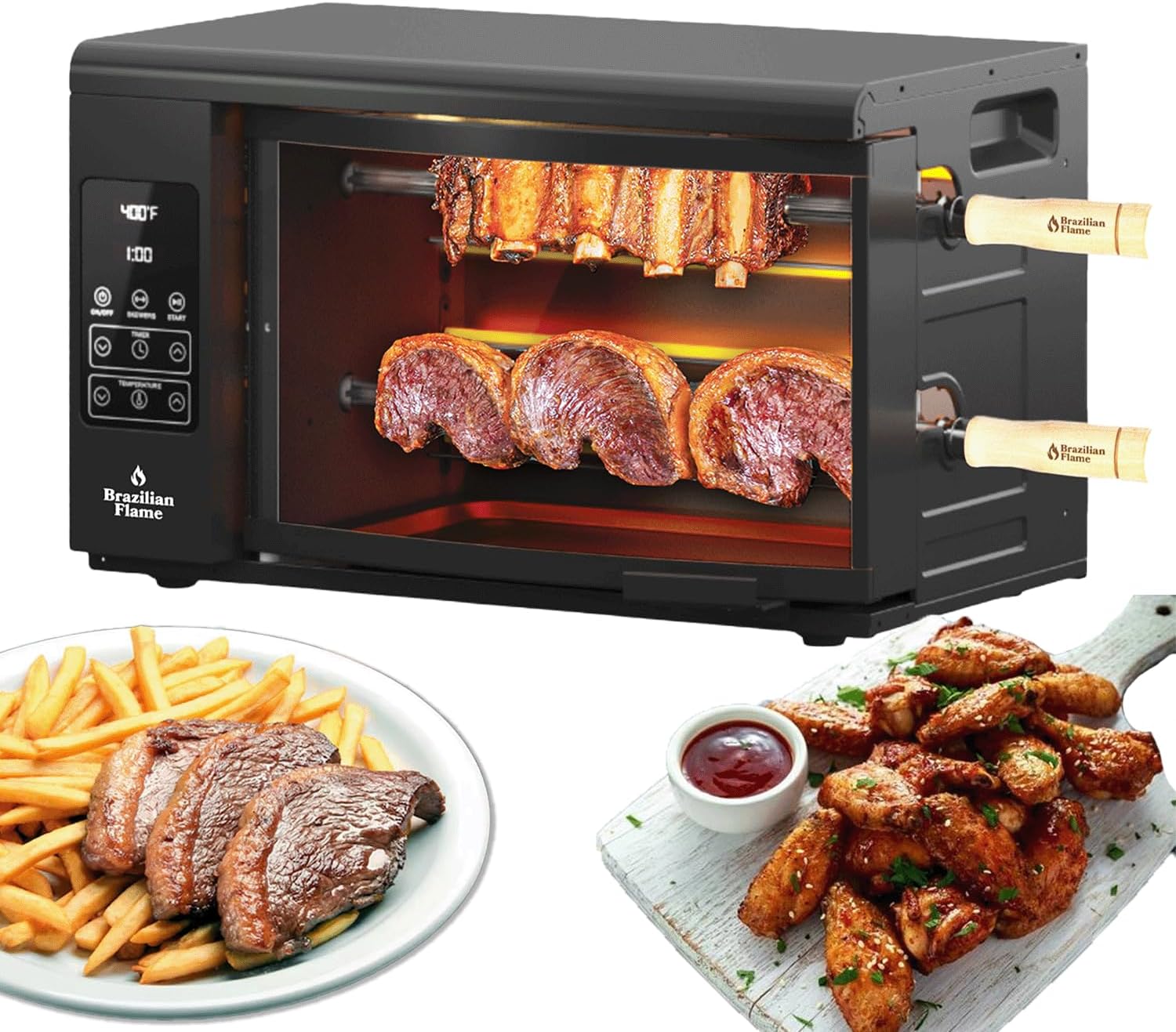 Electric Rotisserie Oven Brazilian Flame VOLTA | Vertical Countertop Grill with Auto-Rotating Skewers Shawarma Grill Machine Meat Kebab | Indoor Adjustable Temperature | 8lb Capacity | World Cup Grill