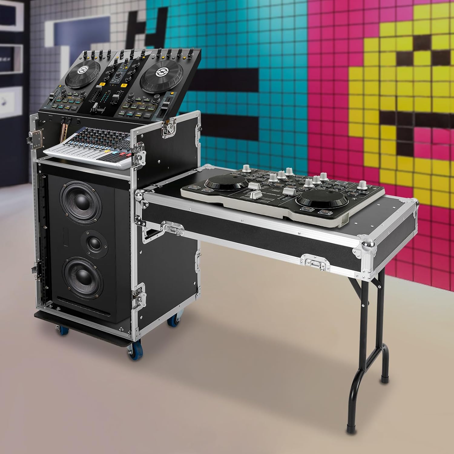 14U PA DJ Rack with DJ Table Tops, 661LBS Recording Studio Racks Audio Equipment Cabinet, Mobile Stereo Rack with Lockable Wheels for Studio/Wedding (Black)