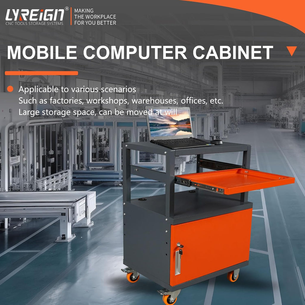 Steel Large AV Cart with Extra Storage Cabinet, Metal Presentation Cart with Keyboard Tray, Rolling Media Cart with Wheels for Computer Laptop Projector Printer