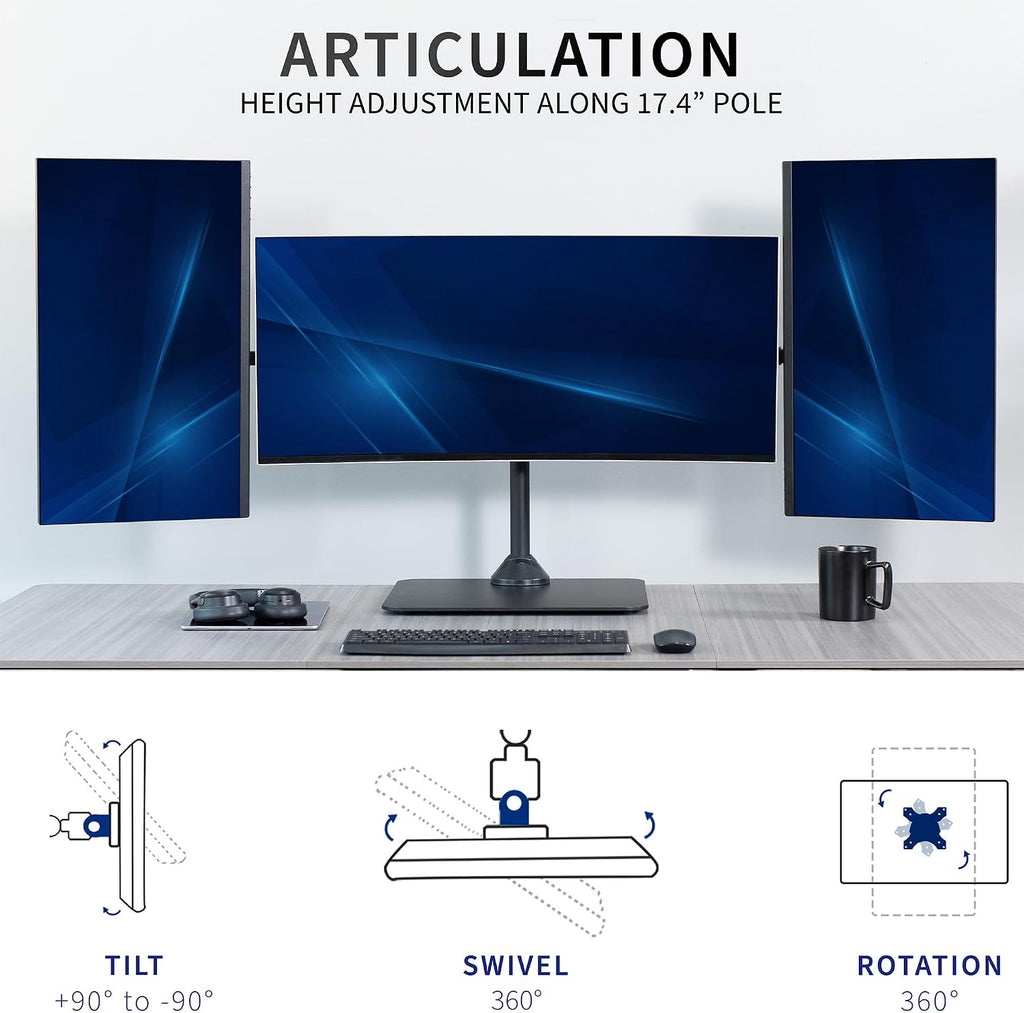 VIVO Premium Freestanding Triple Monitor Desk Mount for 3 Screens up to 22 lbs, Fits up to 38 inch Ultrawides on Center Bracket, Adjustable Telescoping Arms, Flush Wall Setup, Black, STAND-TS03F