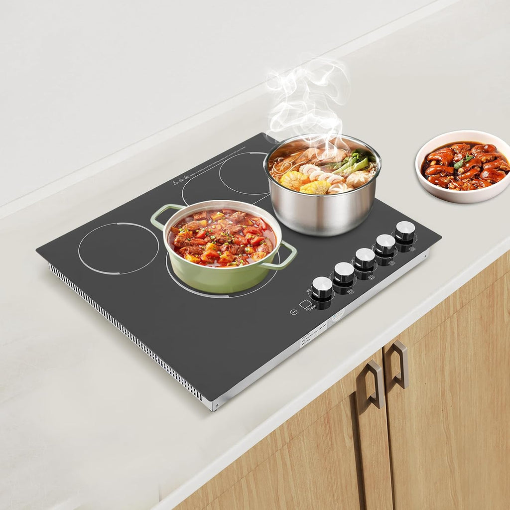 24 Inch Electric Cooktop 4 Burner Stove Top 3400W Drop-in Ceramic Cooktop with 90Min Timer & Knob Control, 5 Power Levels Ceramic Cook Top 110V Electric Stove 4 Burners