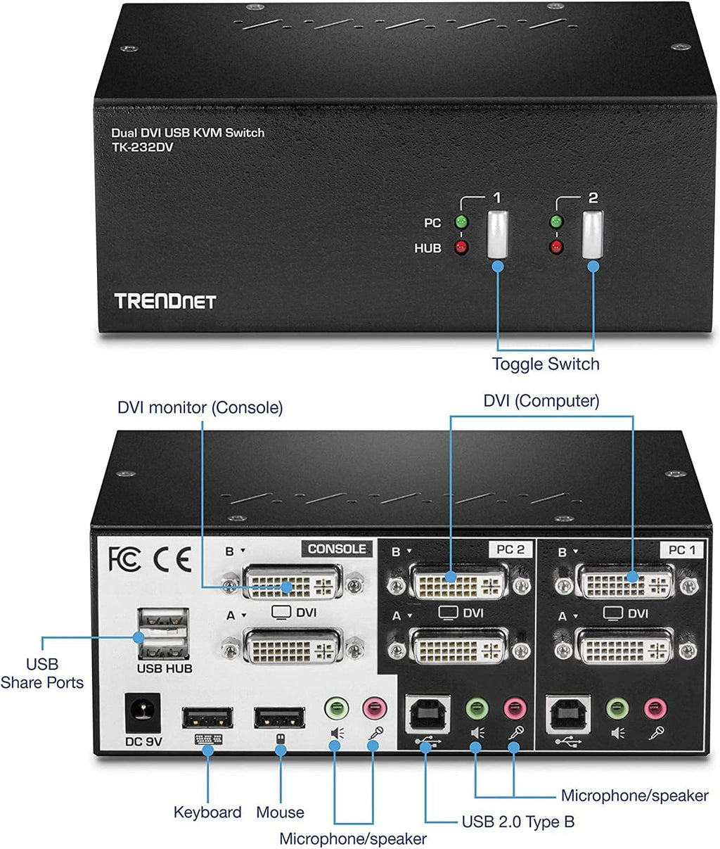 TRENDnet 2-Port Dual Monitor DVI KVM Switch with Audio, 2-Port USB 2.0 Hub, Digital Resolutions up to 1920 x 1200, Analog Resolutions up to 2048 x 1536, TK-232DV
