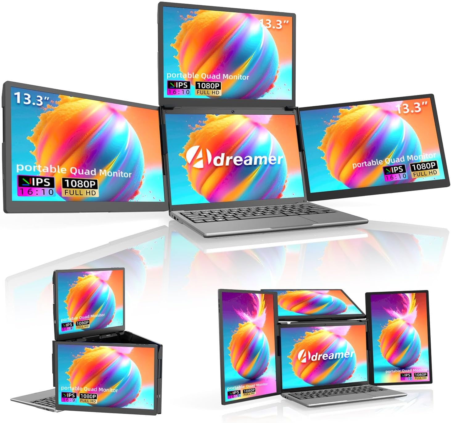 ADREAMER 13.3' Triple Screen Laptop Monitor Extender, Detachable 3 Monitor for 11.6'-16', FHD 1200P IPS, Multi Screen Laptop Attachment, Compatible with Wins/MacOS(M1/M2/M3).