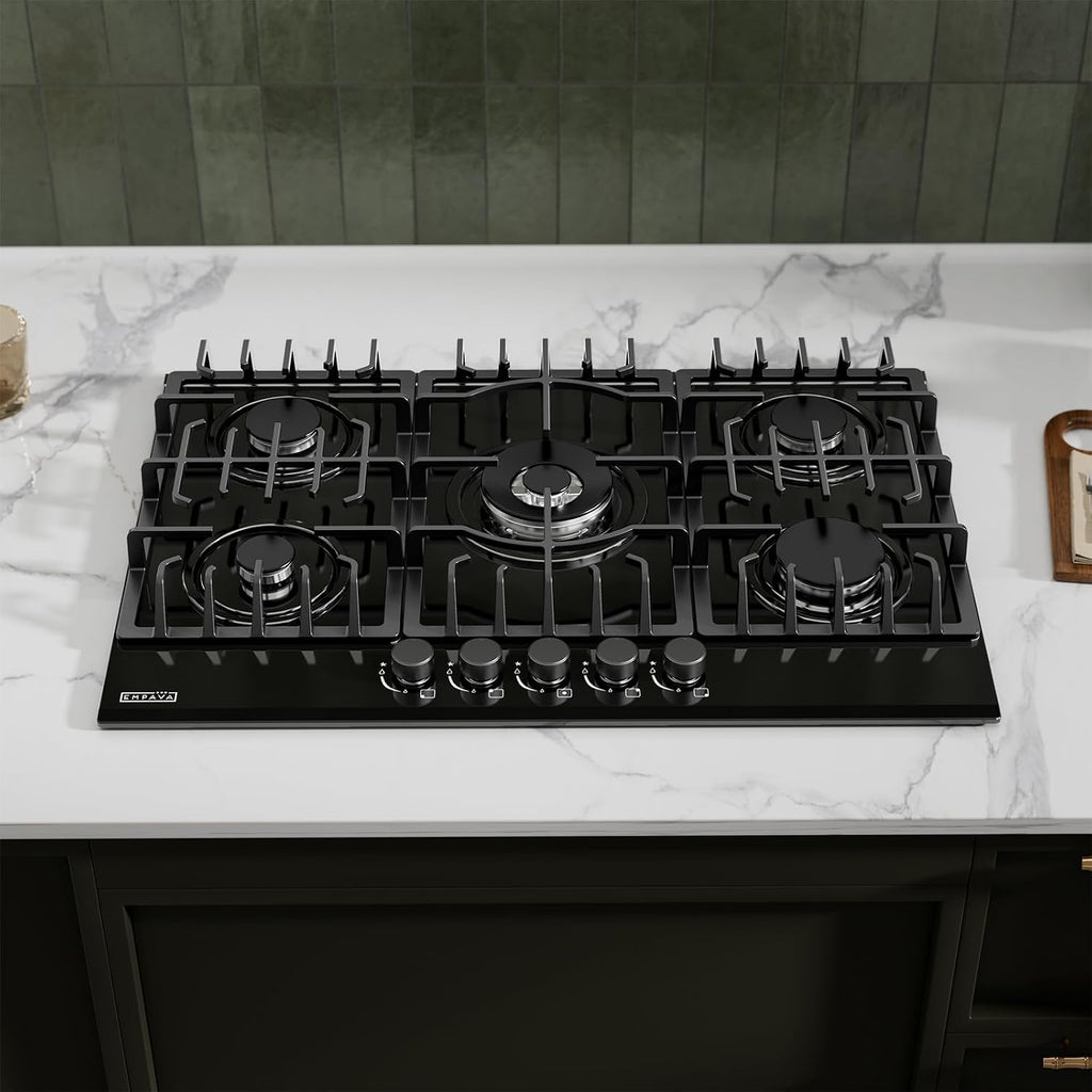 Empava 30 in. Gas Stove Cooktop 5 Italy Sabaf Sealed Burners NG/LPG Convertible in Black Tempered Glass, 30 Inch