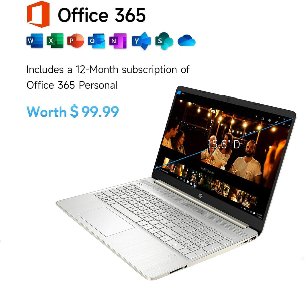 HP 15.6' Everyday Laptop, AMD Efficient Dual-Core Processor, 16GB RAM, 1TB SSD, USB-C, SD Card Reader, HDMI, Wi-Fi & Bluetooth, Long Battery Life, Windows 11 with 1 Year Microsoft 365, Gold