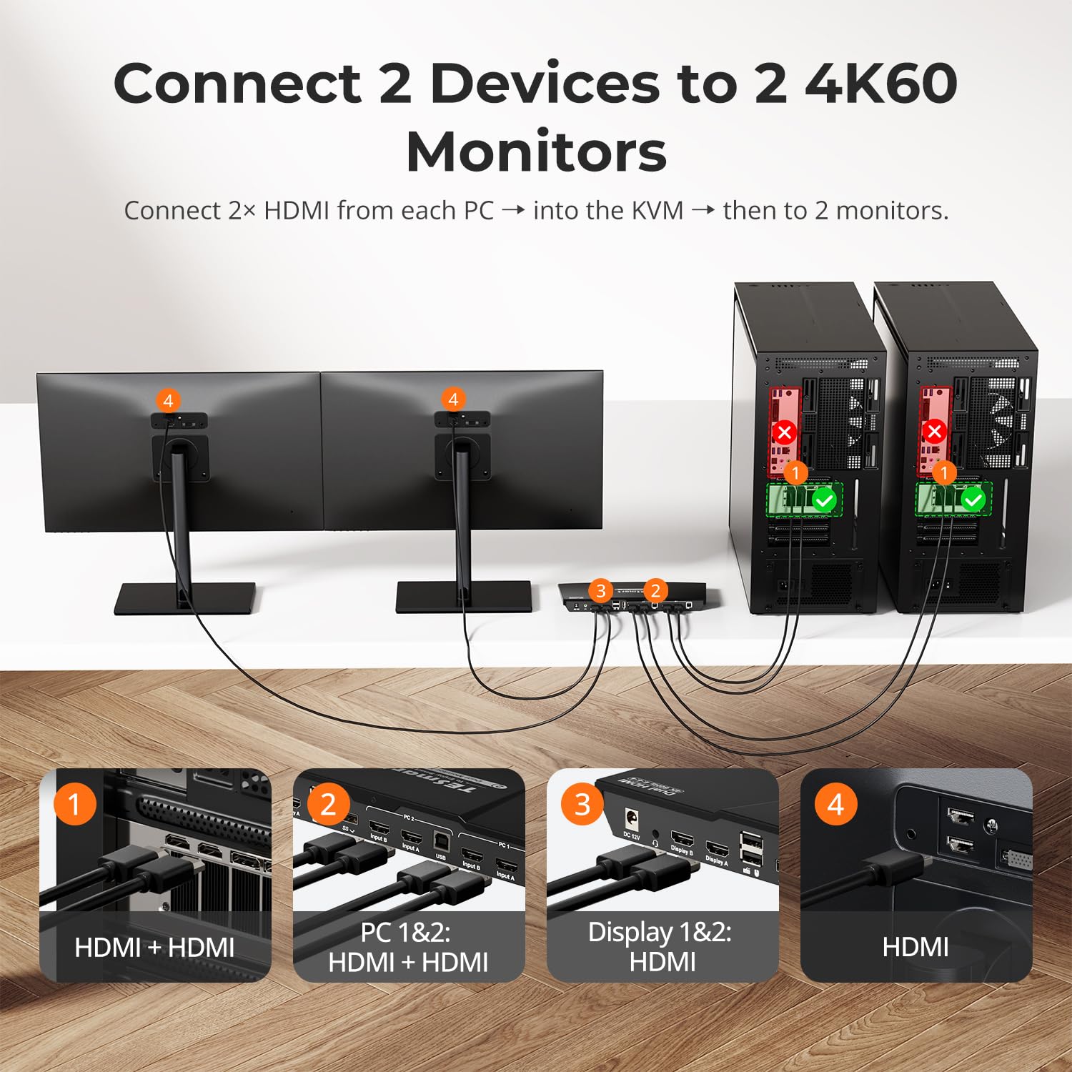 TESmart HDMI KVM Switch 2 Monitors 2 Computers 4K@60Hz, USB 2.0, Dual Monitor KVM Switch HDMI 2 Port Extended Display, EDID emulators, L/R Audio, Hotkey Switch, Button Switch with All Input Cables